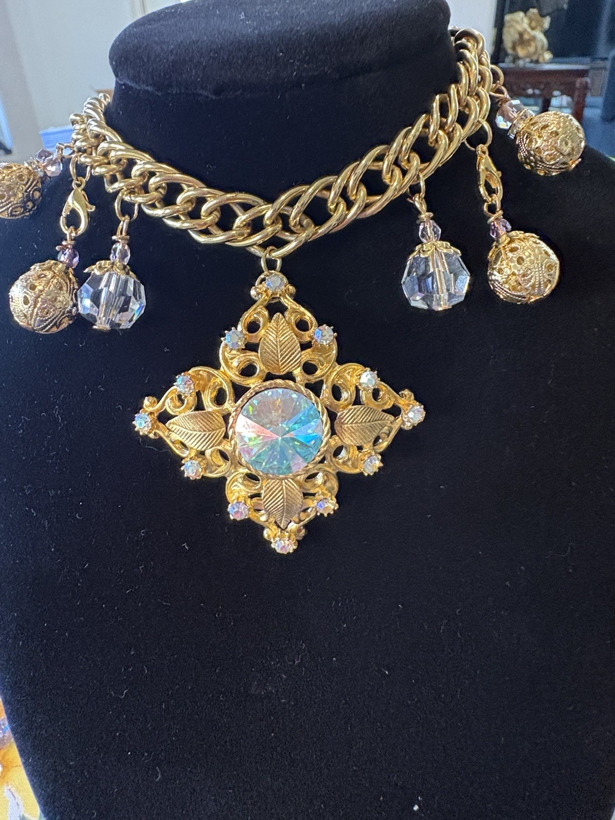 OOAK Vintage Brooch Charm Bracelet – Gold Tone AB Rhinestone