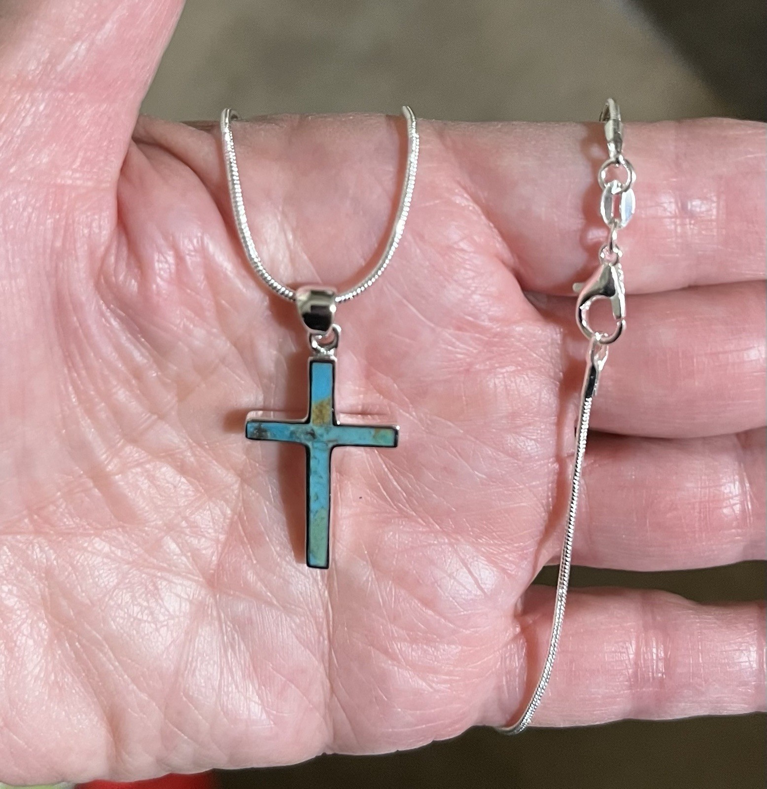 Sterling Silver Genuine Turquoise Cross Pendant & 18”Necklace Beautiful Gift 🩵