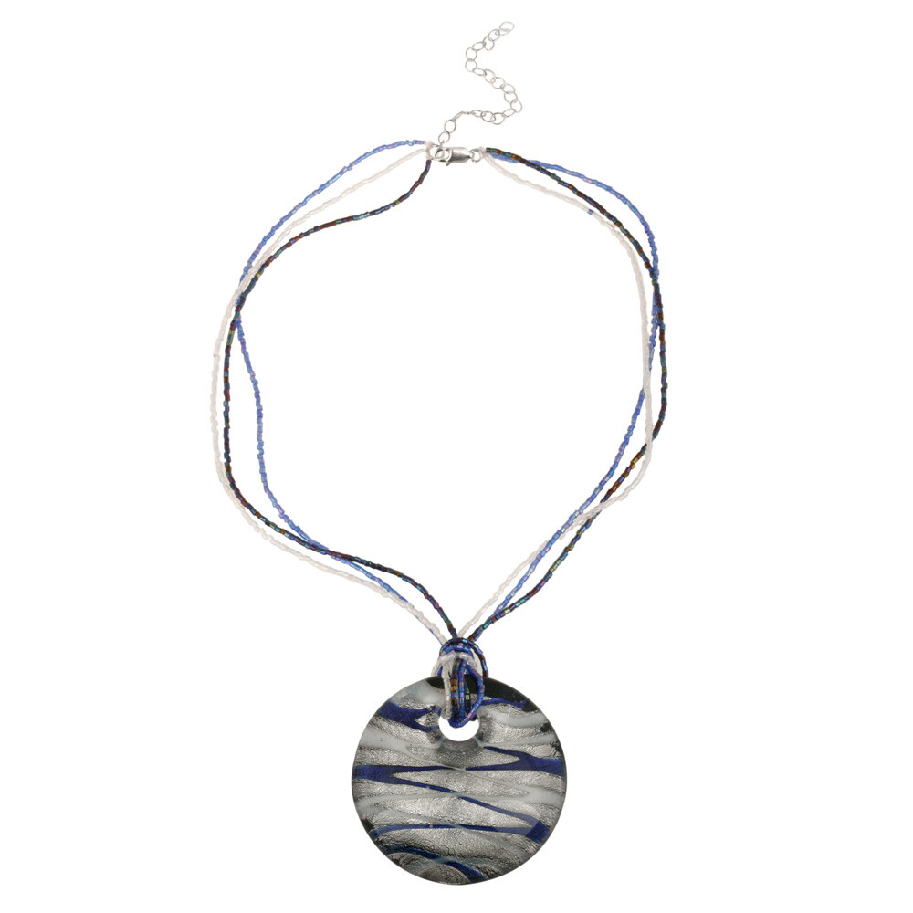 Blue White & Silver Glass Disc Fashion Pendant, 16″