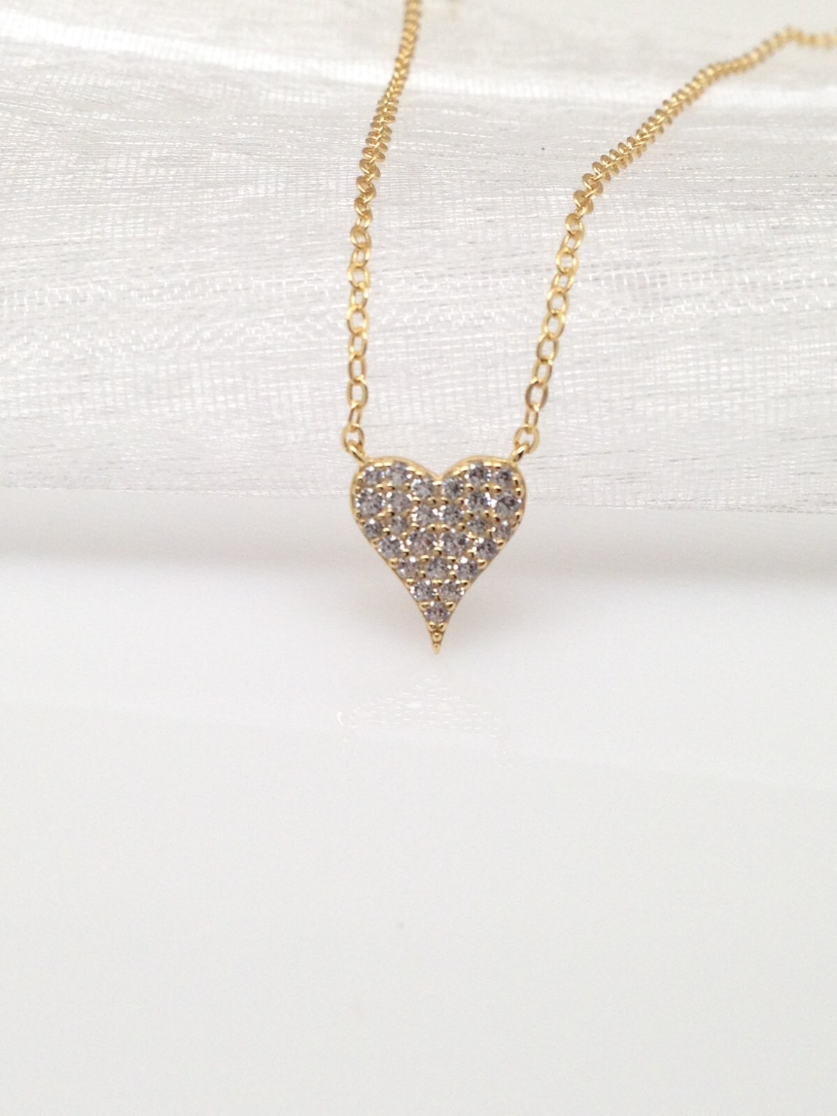 Gold Pave Cz Heart Necklace 925 Sterling Silver Pendant 9mm(0.35″) 17.75″ Tiny