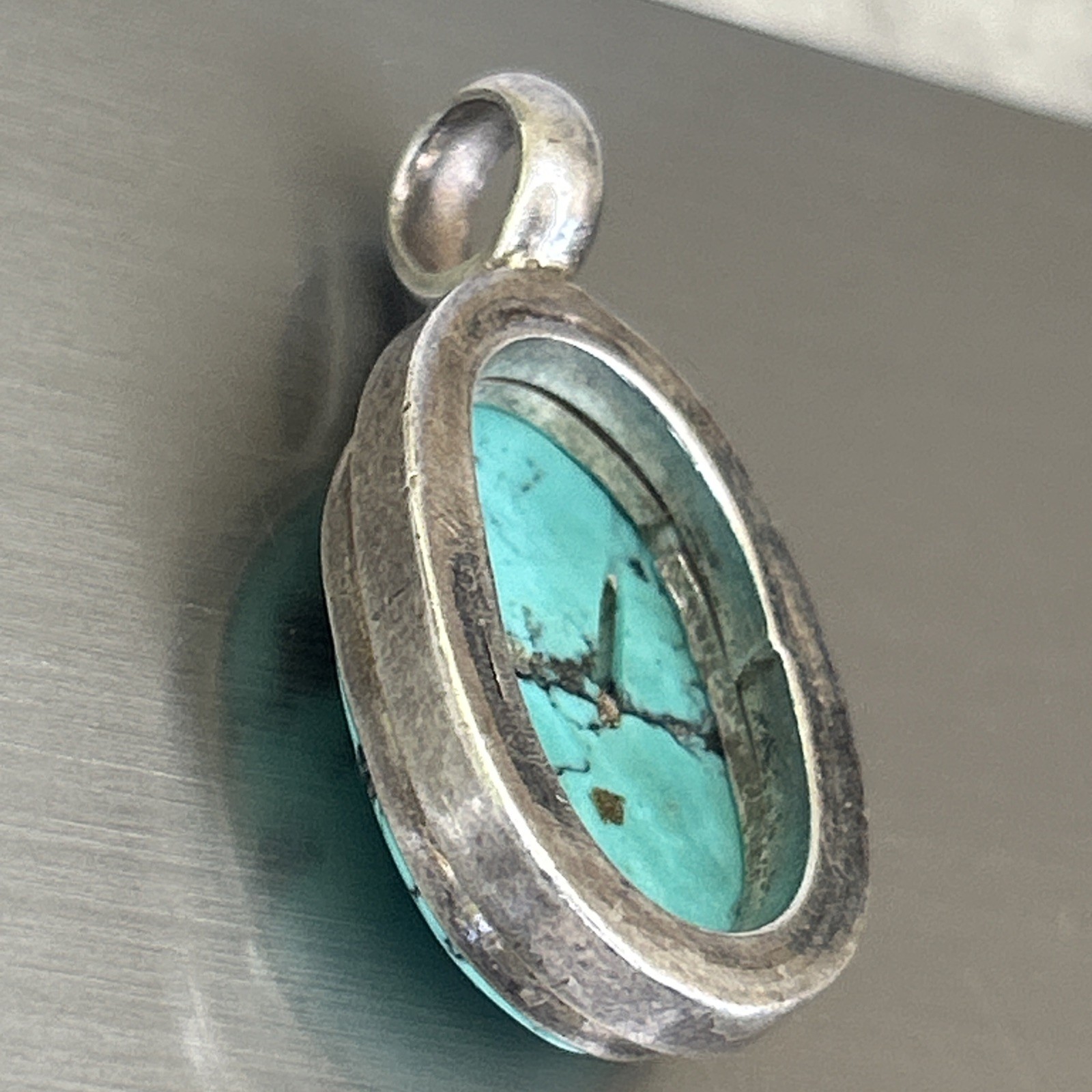 Vintage Turquoise Silver Oval Pendant 1 1/2″ x 3/4″ 13G