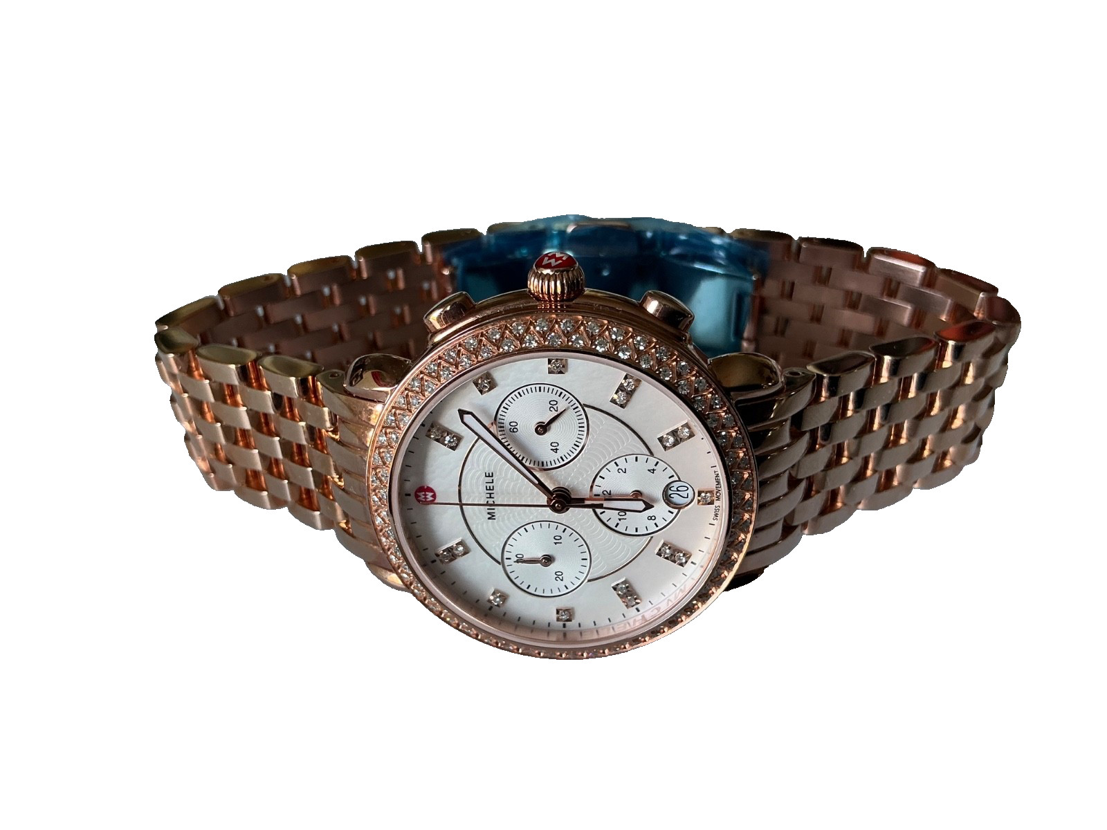 Michele Sidney 18k Pink Gold Plt Diamond Chrono Watch -White MOP Dial