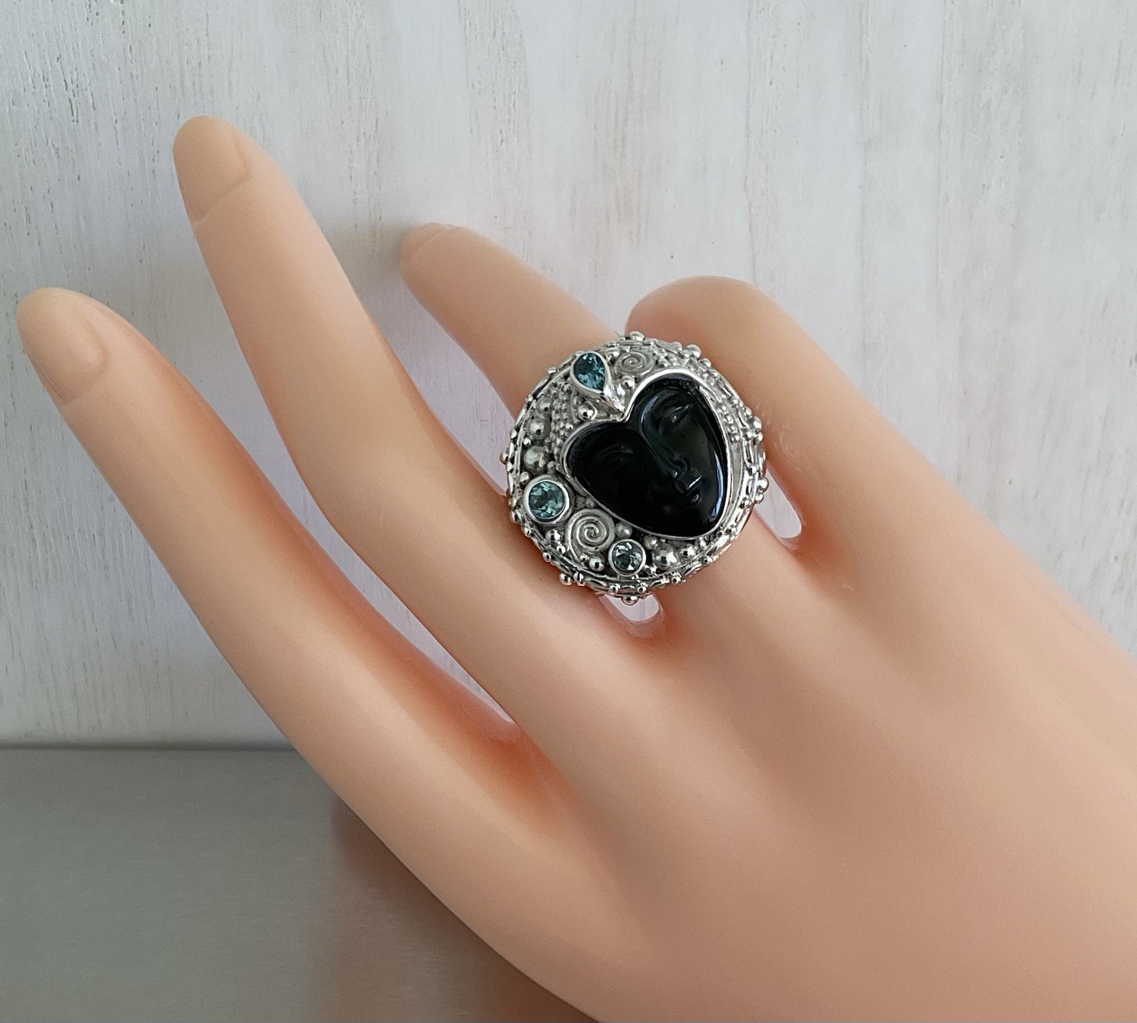 Sajen Carved Obsidian Goddess Face & Blue Topaz Ring 925 Sterling Silver Size 7