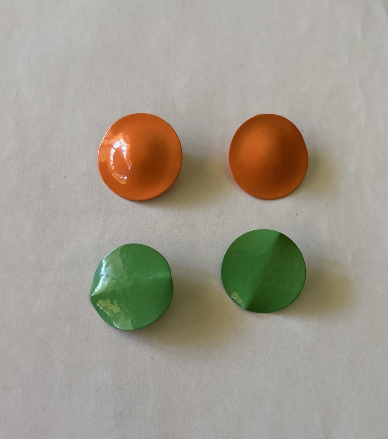 Two pair Round earrings Orange, Green For Pierced Ears, About 1 Inch Round