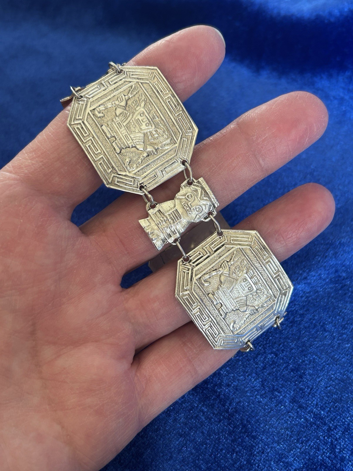 Vintage Estate Sterling Silver Inca Guardians Panel Bracelet Handmade Peru Old