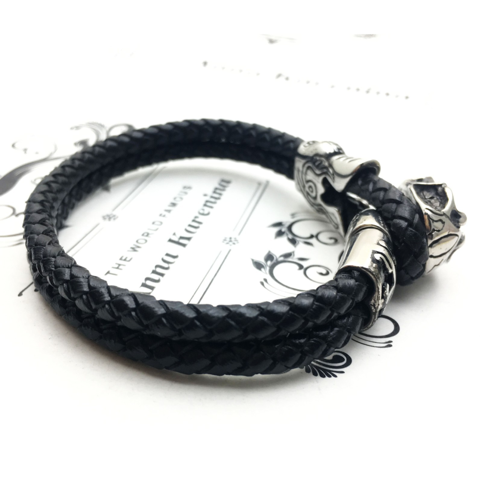 Men’s Skull Braided Leather Bracelet Stainless Steel Gothic Punk Biker Jewelry