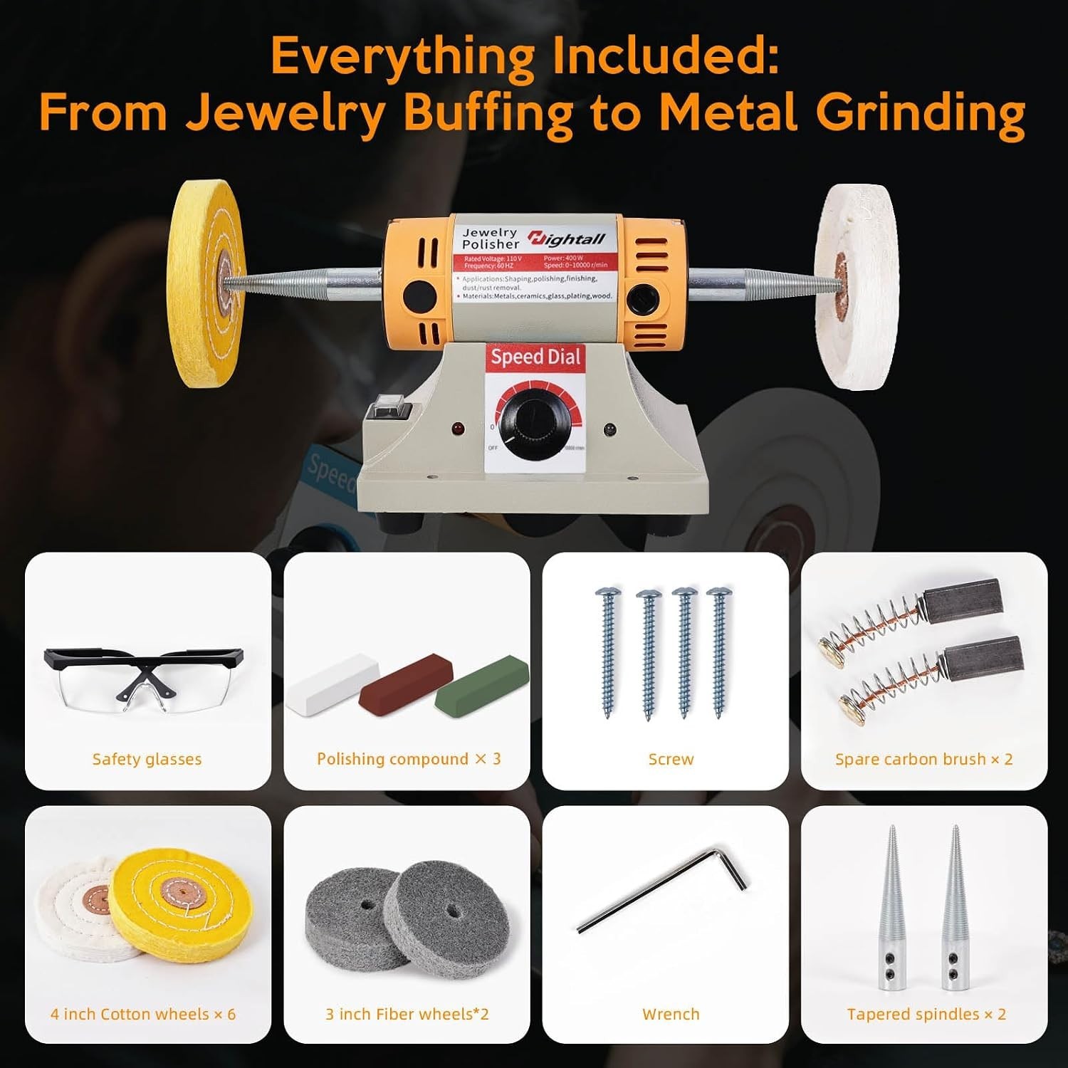 Jewelry Polisher 400W Bench Grinder Kit, 10000 RPM, 6 Cotton Wheels, Pro Finish