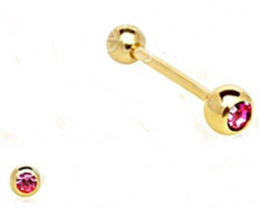 Tongue Ring Gold IP w/Pink Gem 5mm Ball 14 Gauge 5/8″ Barbell
