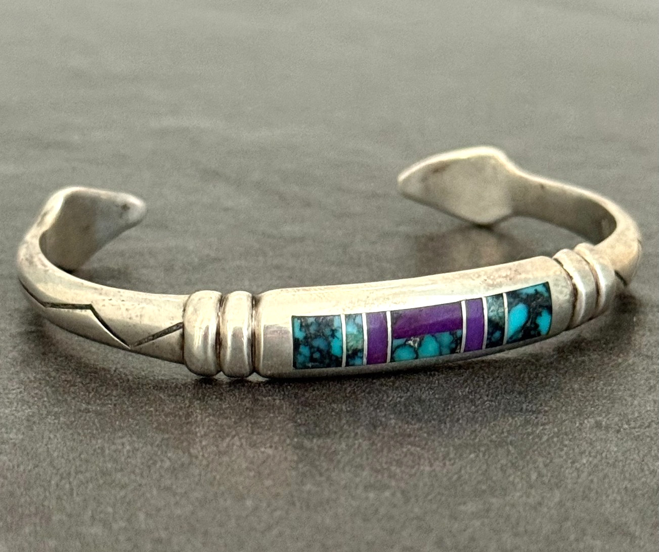 Vintage Navajo REX ABEITA Turquoise Sugilite Inlay ARROW Sterling Bracelet 6.6in