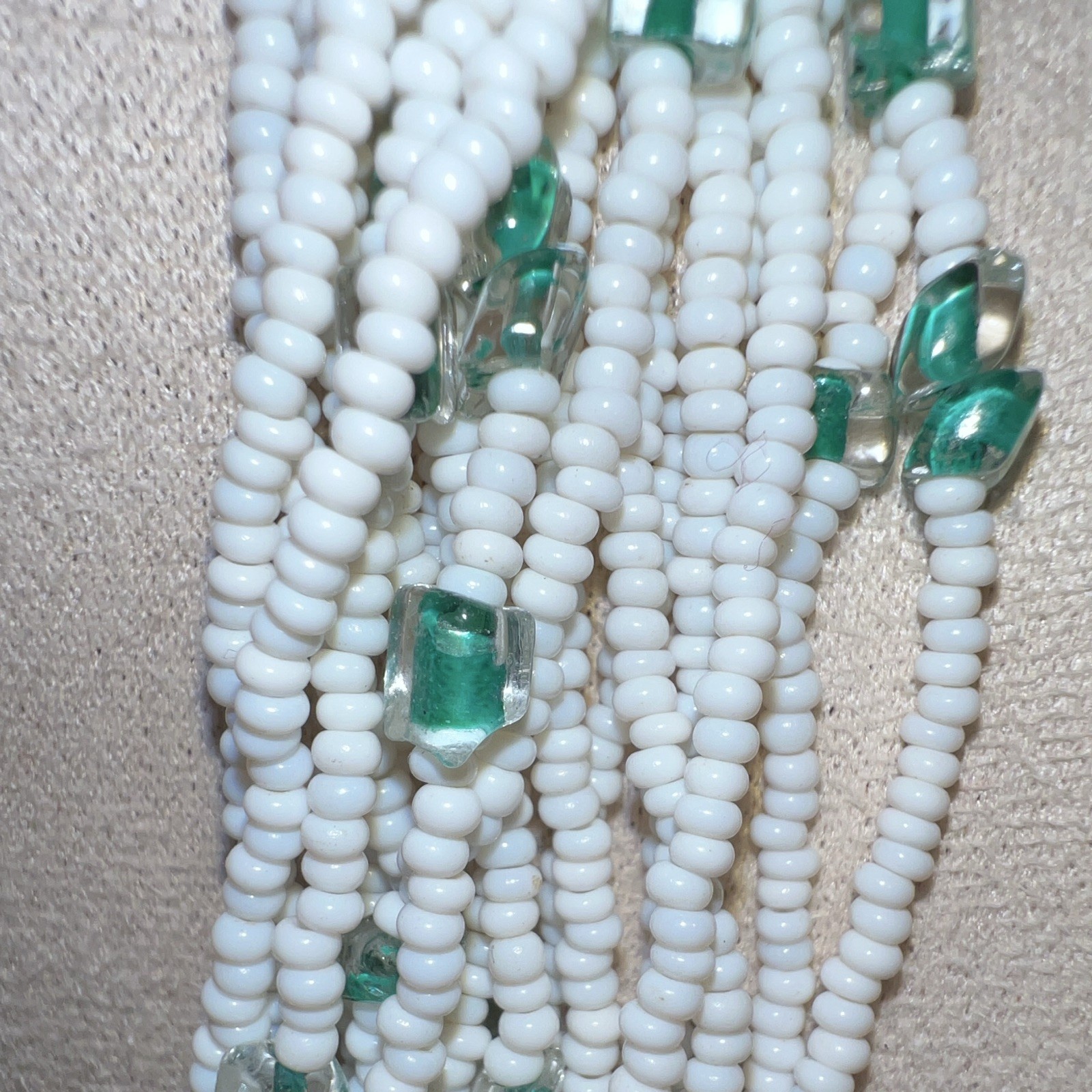 Multi-Strand Beaded Glass Necklace White/Green Signed Hook Clasp Made in Italy