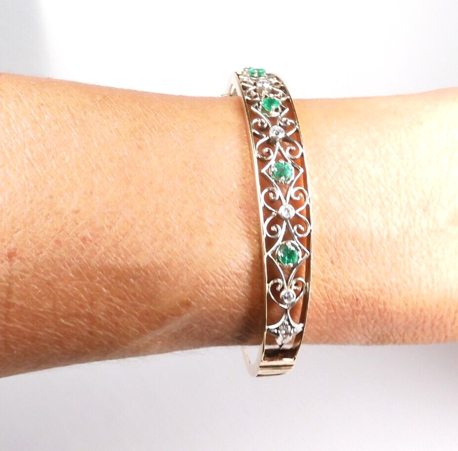 Antique Colombian Emerald & Diamond 1.03 CTW Bracelet 14K Gold Filigree Muzo Min