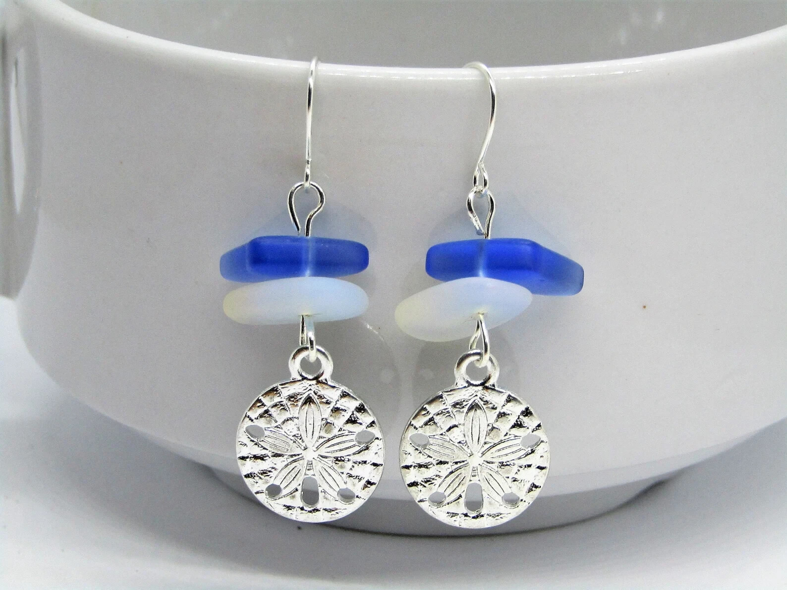 Frosted Opal & Blue Sea Glass Beach Stone Pebble Silver Charm SAND DOLLAR Shell