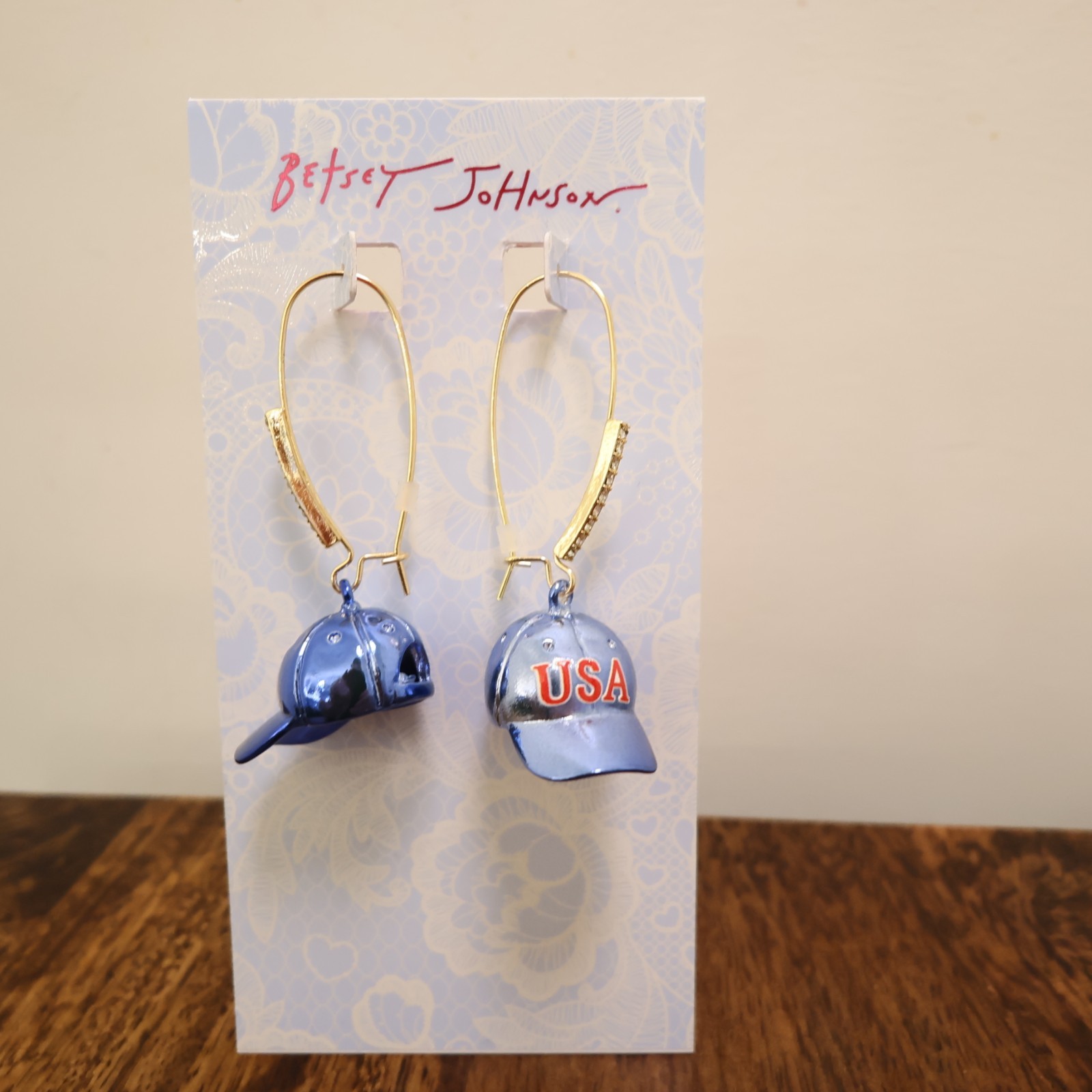 Betsey Johnson earrings baseball caps USA red white blue goldtone hooks NWT