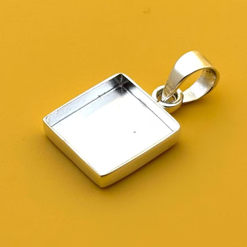 925 Sterling Silver 12mm Square Bezel Pendant Tray for Resin Cabochon Jewelry