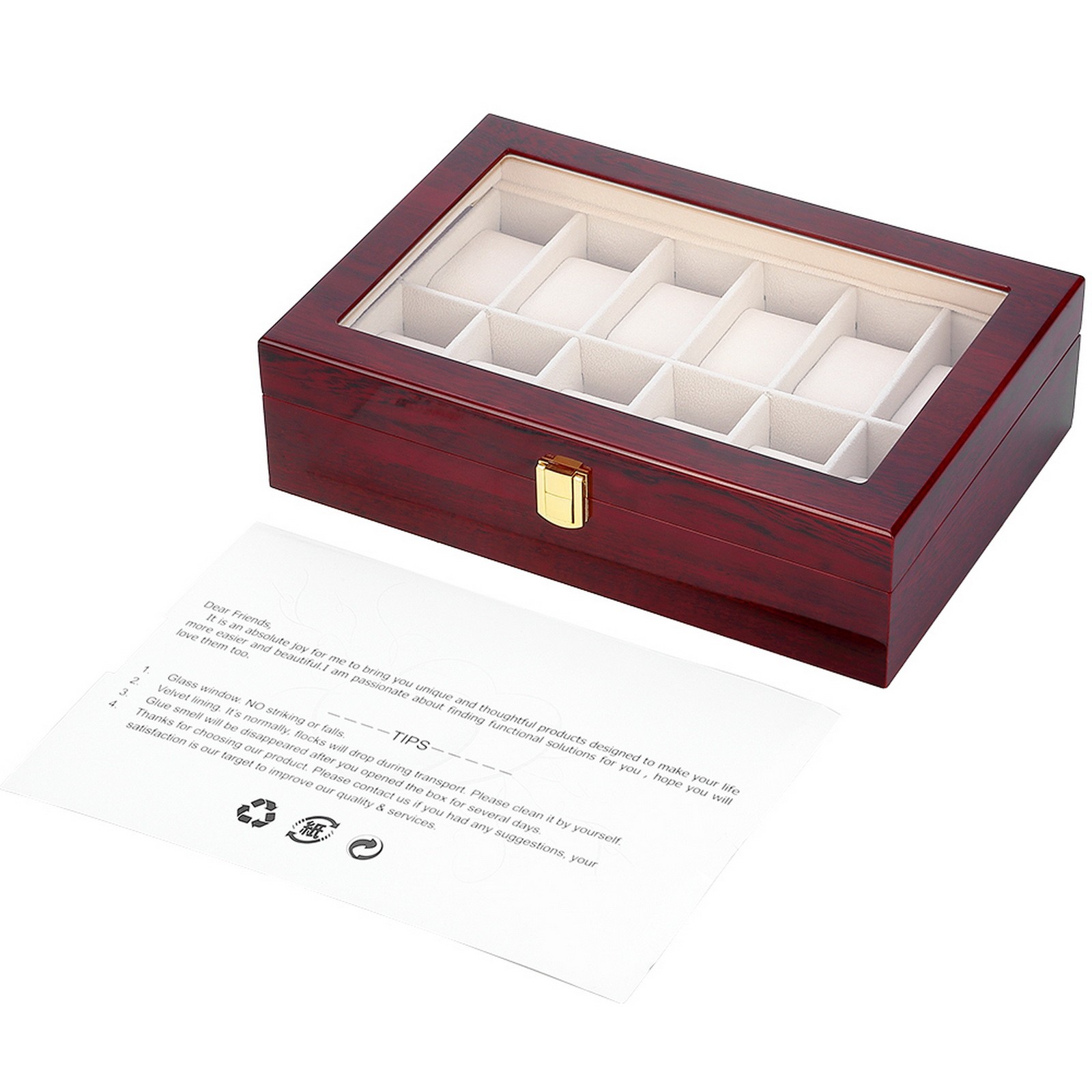 3/6/10/12 Slot Wooden Watch Box Glass Lid Jewelry Organizer Display Case Gift