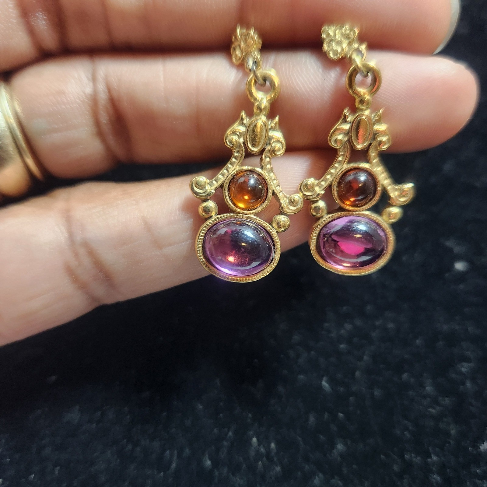 Vintage Victorian Style Gold Tone Purple Amber Cabochon Drop stud Earrings 1928