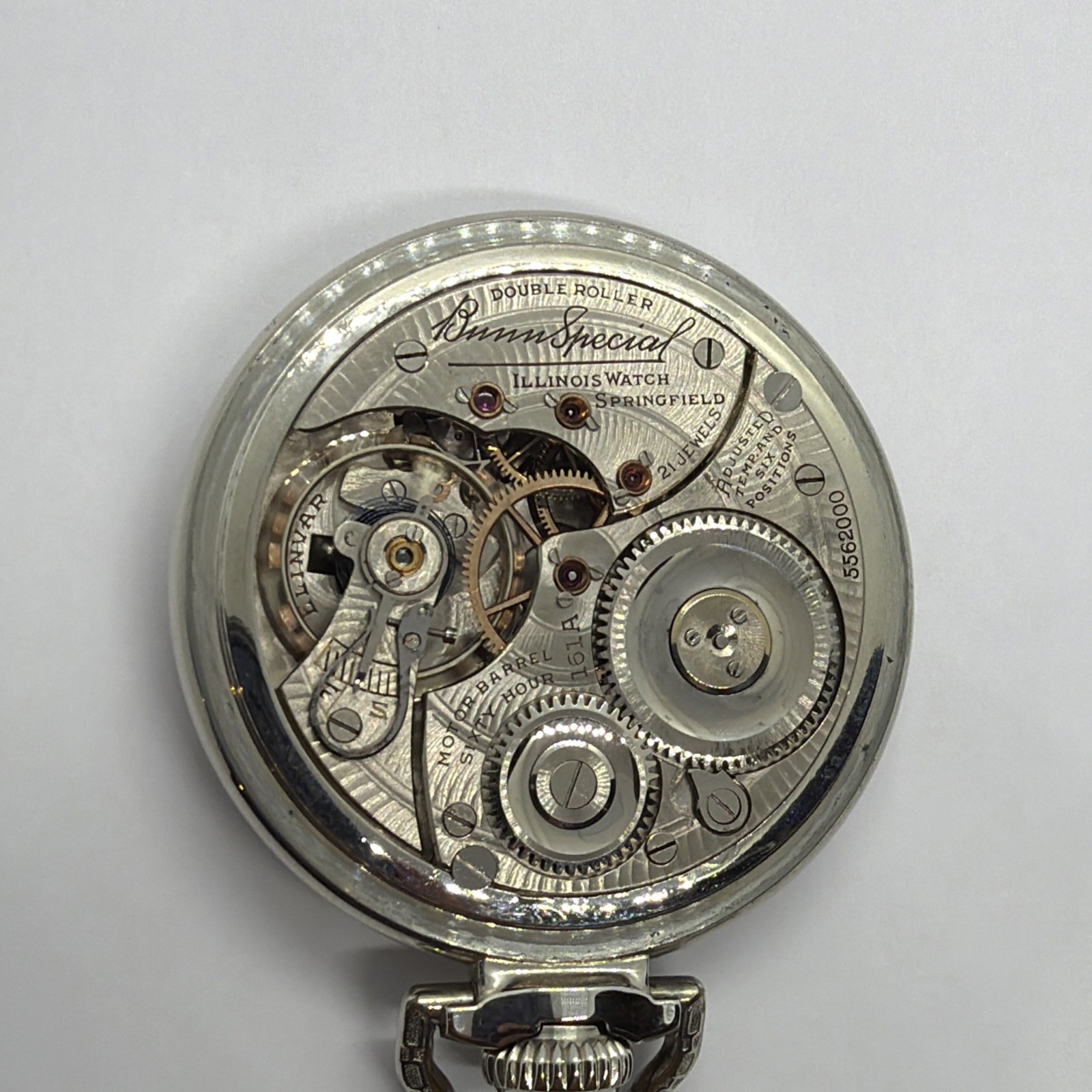EXCELLENT ILLINOIS 161A ELINVAR 21j 16s BUNN SPECIAL POCKET WATCH 14K WGF 60 HR
