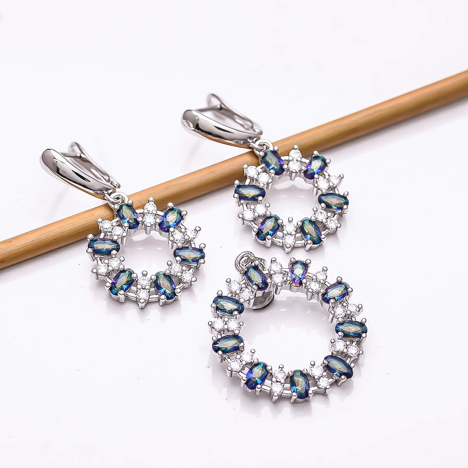 Blue Rainbow Mystic Fire Topaz 925 Sterling Silver Pendant Set P814, Christmas