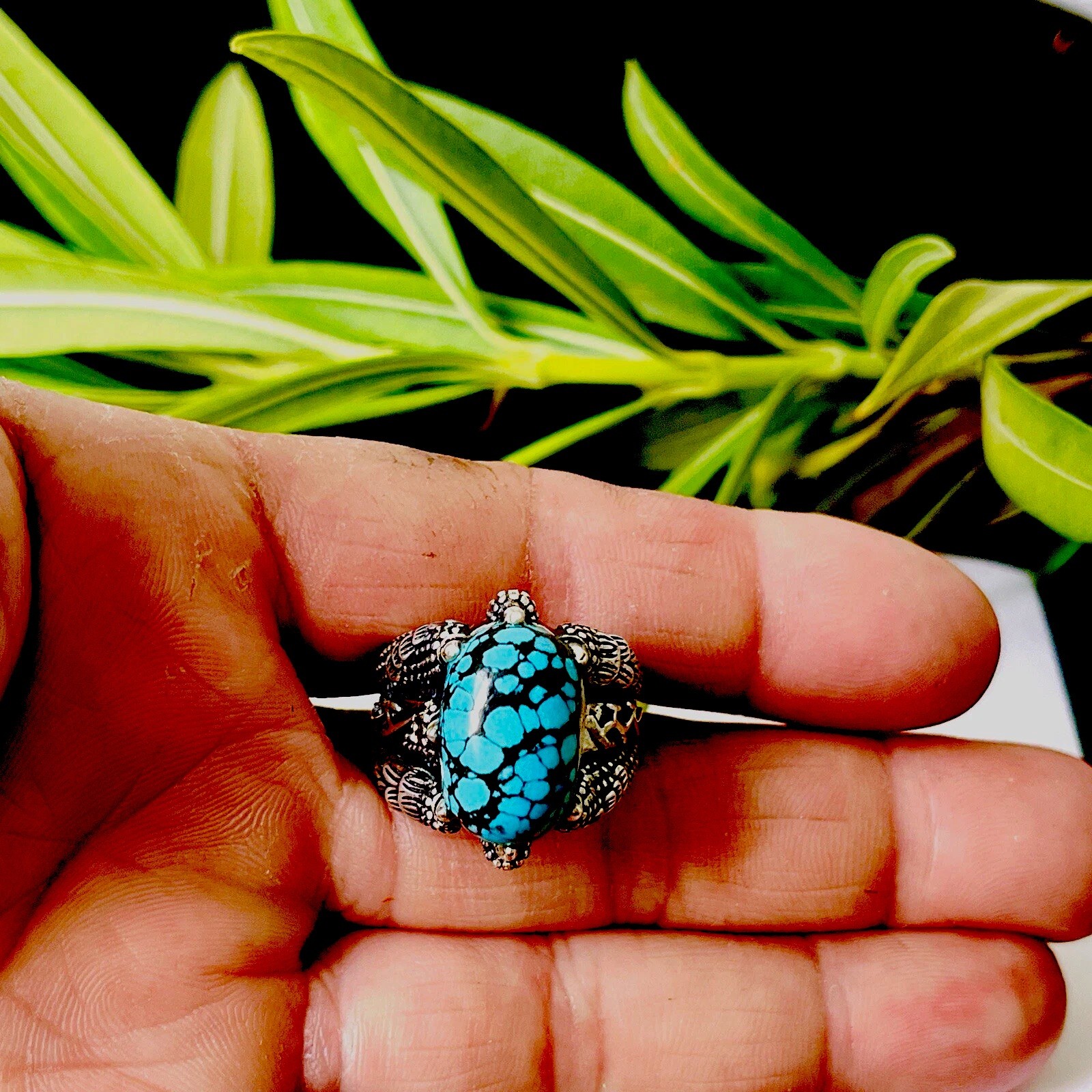 Natural Spiderweb Turquoise Eagle Claw Ring Men’s Unique Jewelry Size Fixable