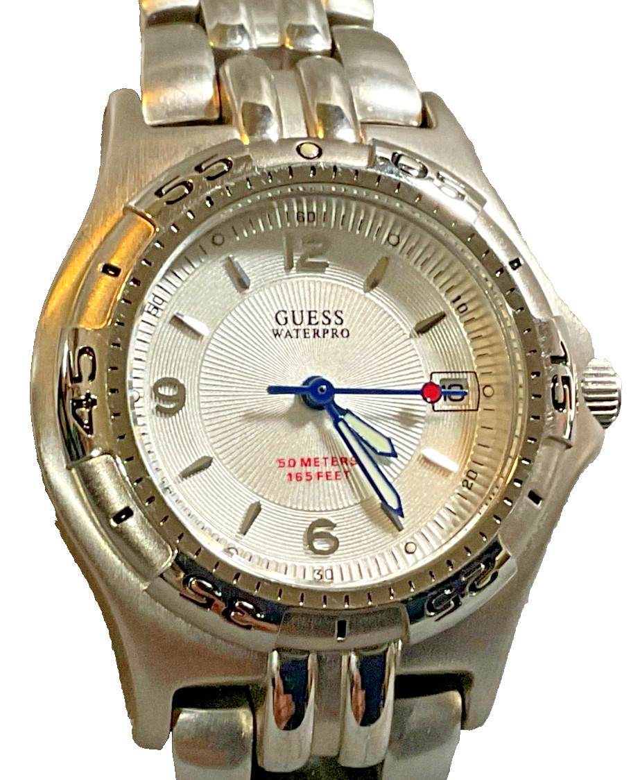 GUESS WATERPRO WOMEN’S ANALOG 32mm WATCH DATE SS BRACELET NEW BATTERY PRISTINE