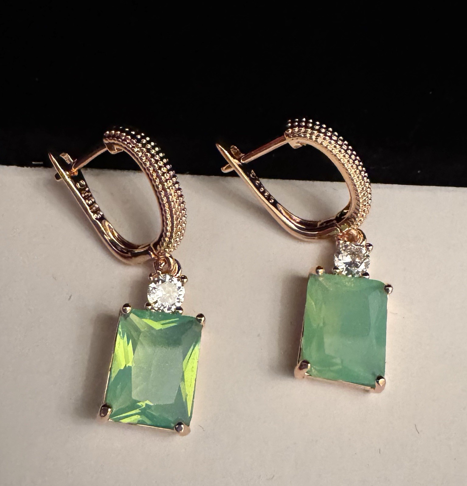 Stamp 585RG 14k Vintage Rose Gold Filled / Plated Emerald Style Dangle Earrings