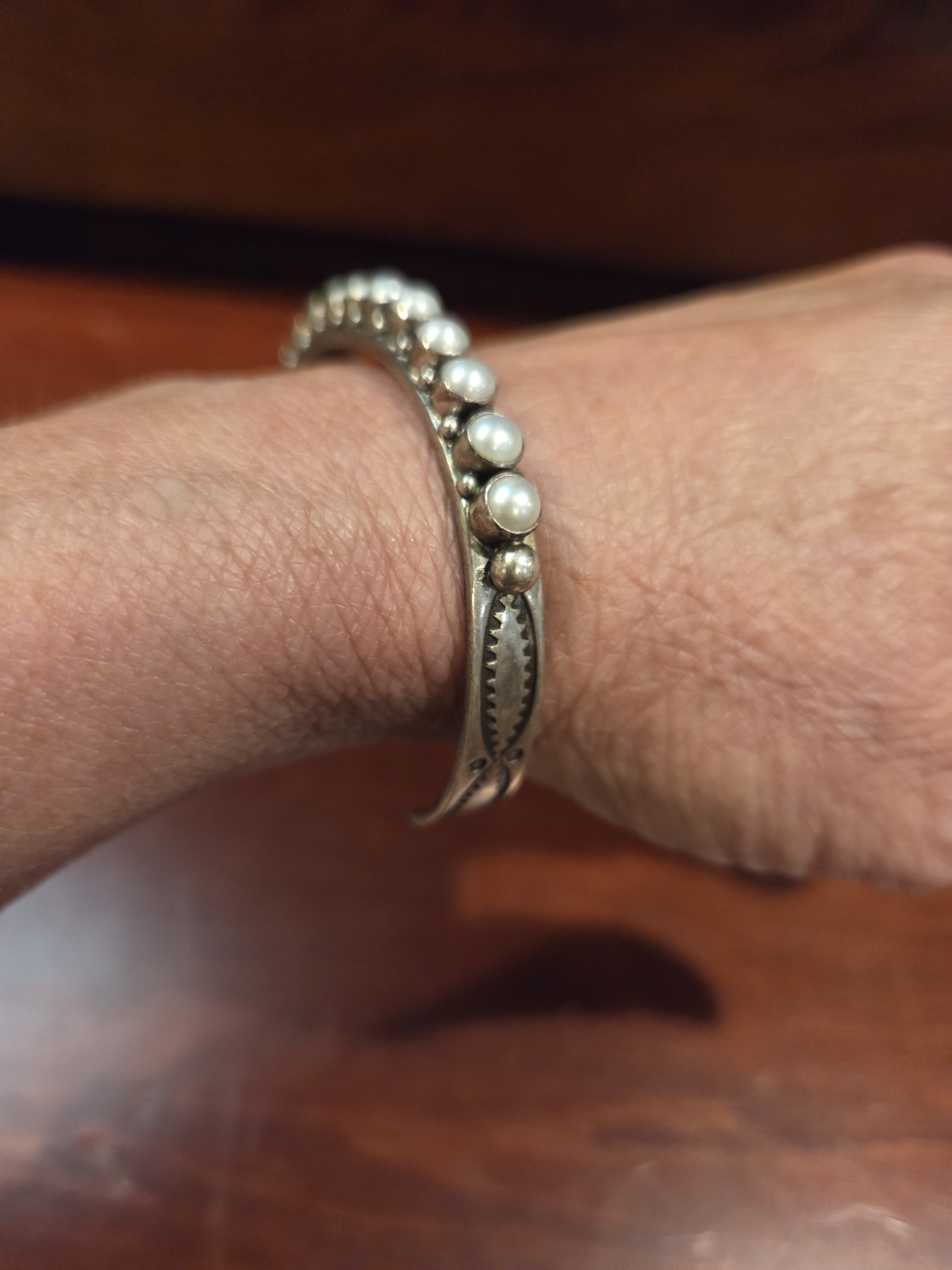 Vintage Fred Harvey Era Navajo Sterling Silver Pearl Row Cuff Bracelet Stamped