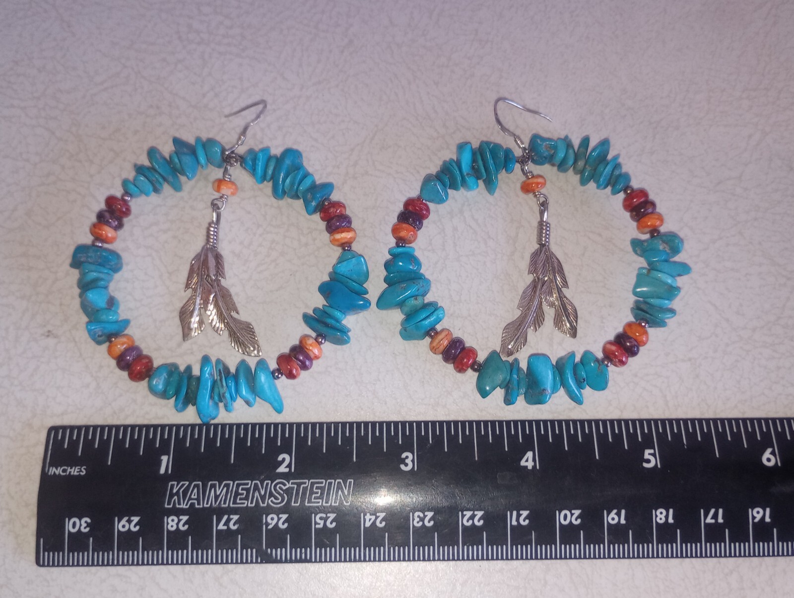 Navajo Running Bear Stamped .925 Silver & Turquoise 2 1/2″ Hoop Earrings