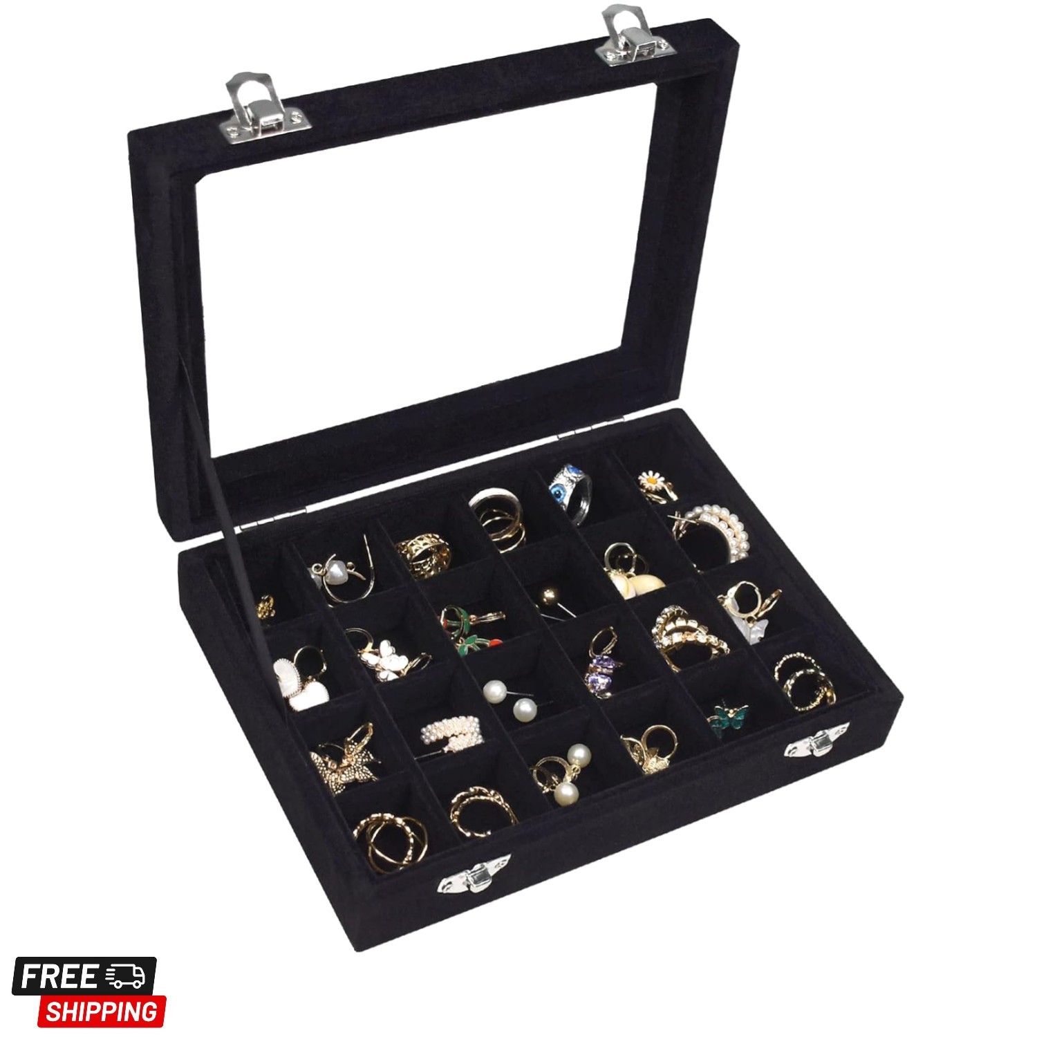 Velvet Jewelry Box 24 Grid Jewelry Ring Display Organiser Box Tray Holder Ear…