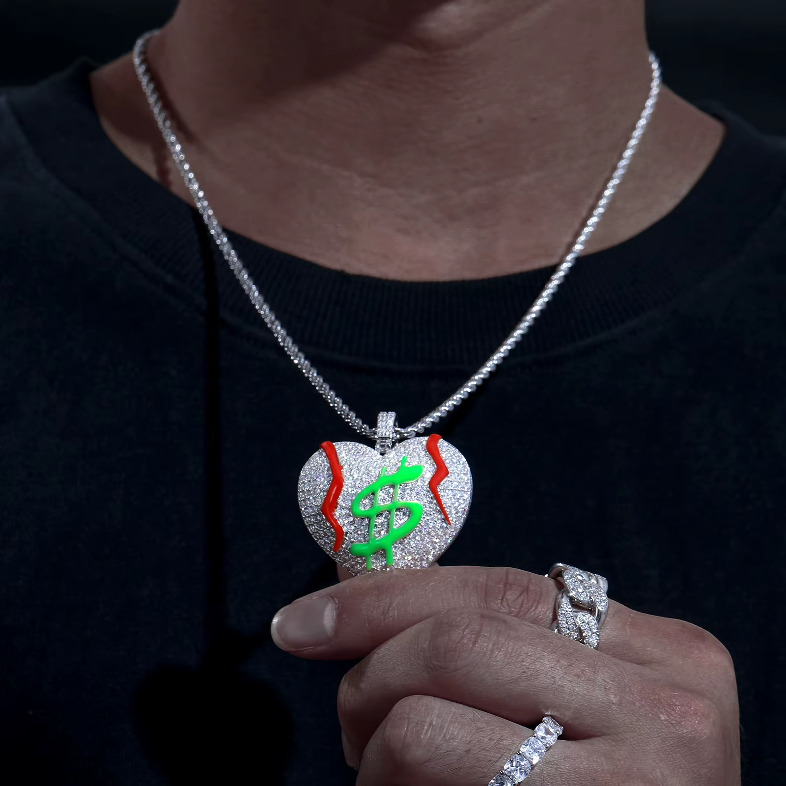Glow in Dark Money Heart Moissanite Pendant 925 Silver Iced Out Hip Hop Jewelry