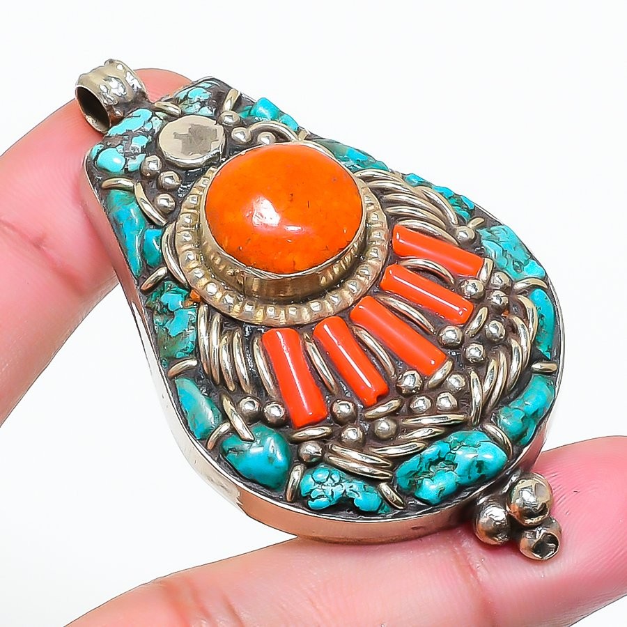 Red Coral Turquoise Pendant Bohemian Vintage Tibetan Nepali Jewelry 2.4″ NP 2488