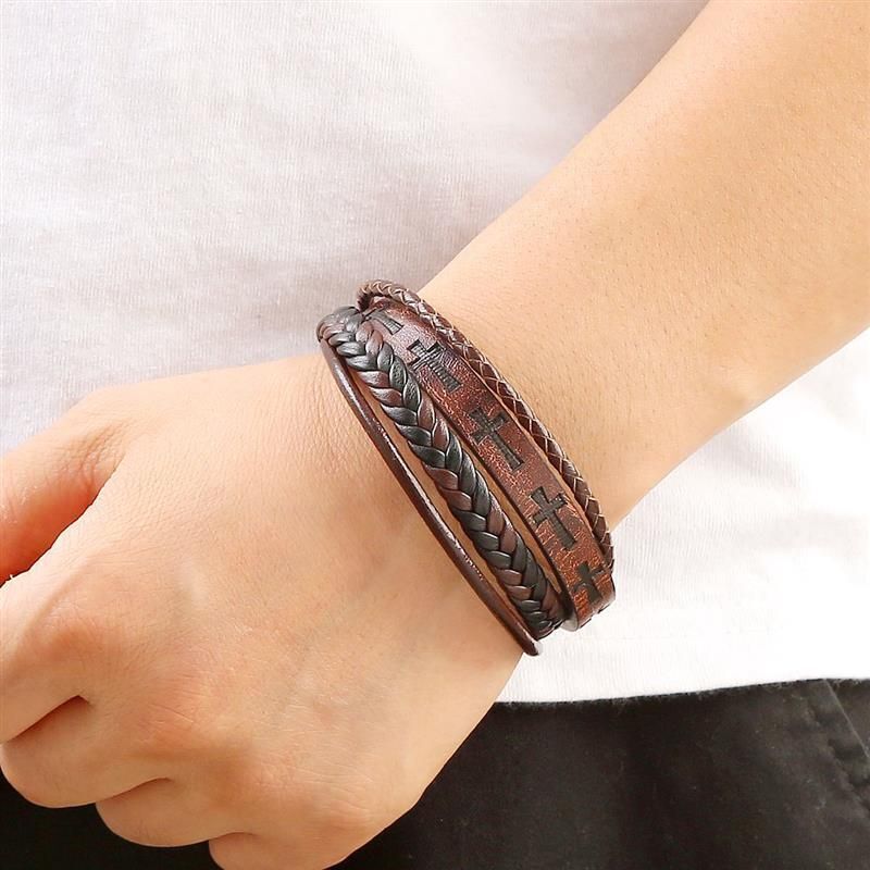 Cross Leather Bracelet – Hand-Woven Multilayer Men’s Accessories Jewelry 1pc
