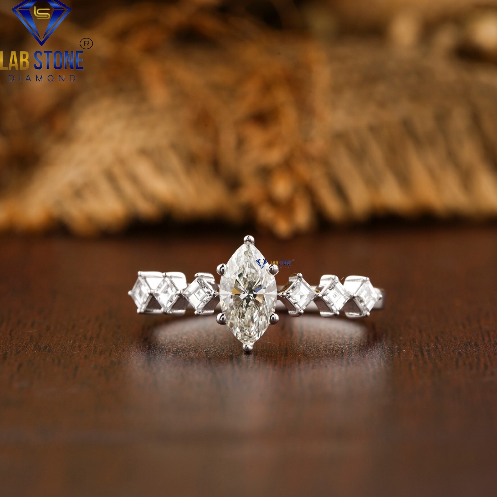 Women’s Marquise&Carre LabGrown Diamond Engagement Ring in 925 Silver 0.77ct TDW