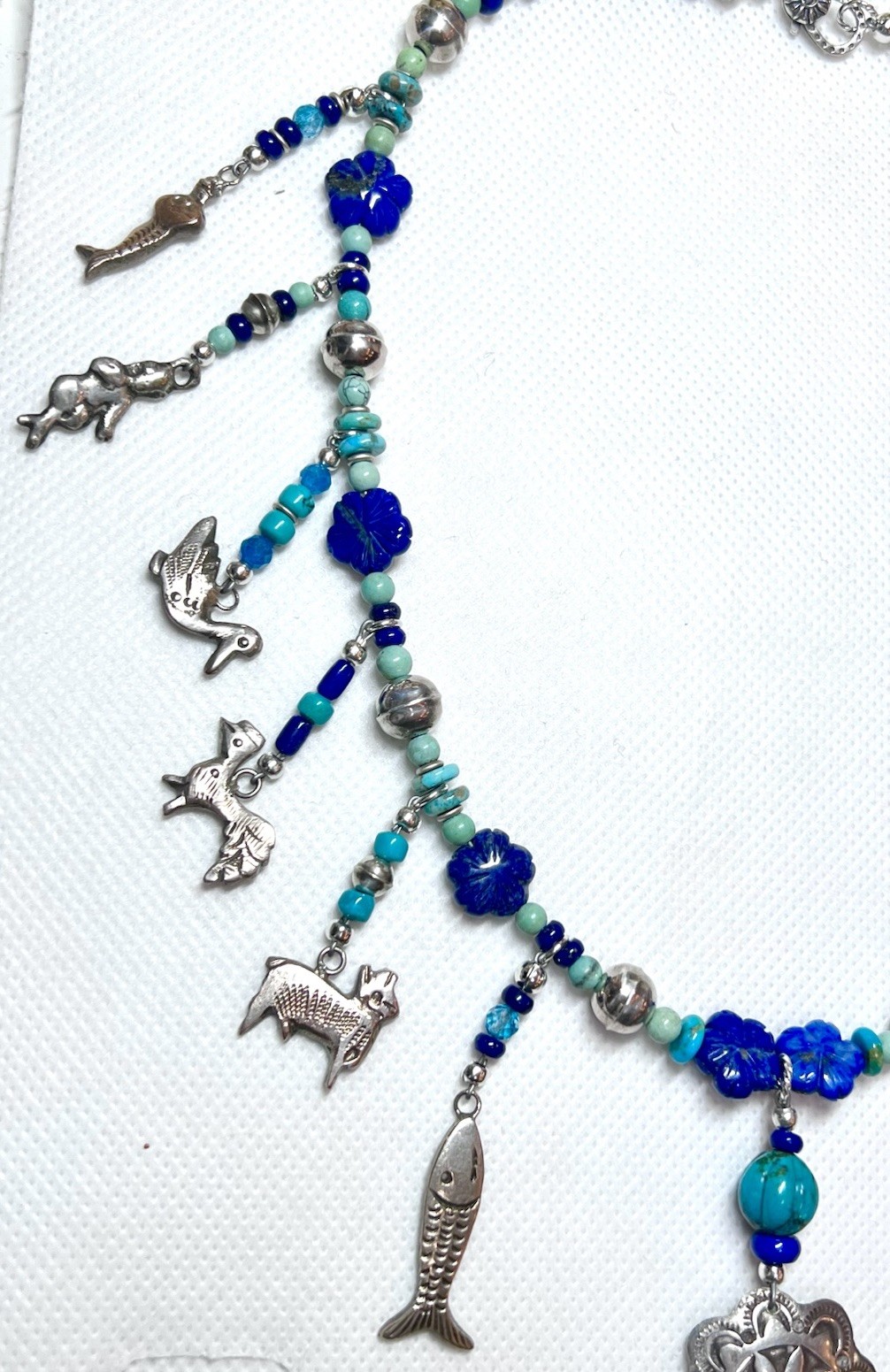 LOVELY Southwest Artisan Sterling Silver Turquoise, Lapis Milagro Charm Necklace
