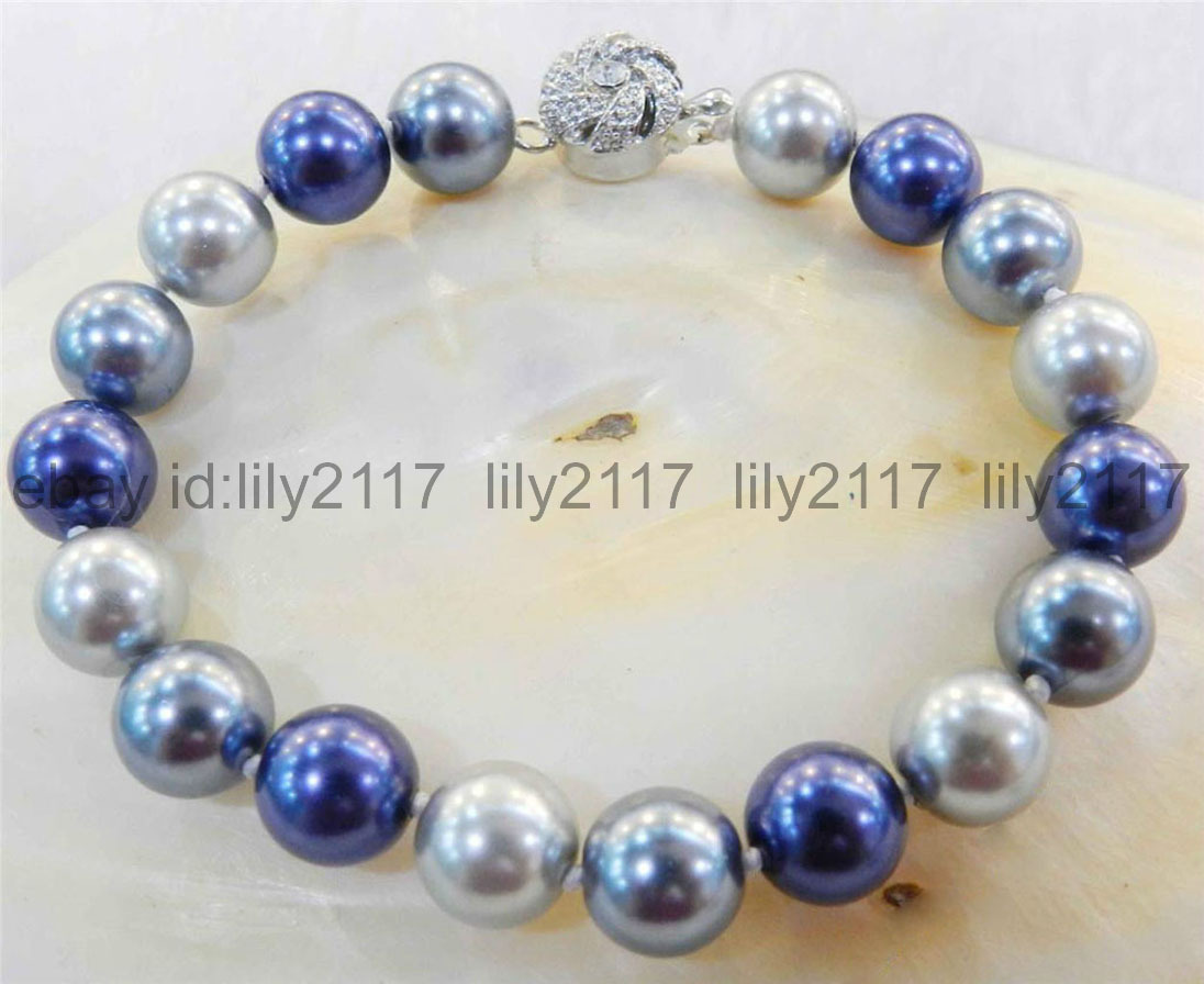Pretty 8mm Blue Silver Gray South Sea Shell Pearl Round Beads Bracelets 7.5 Inch