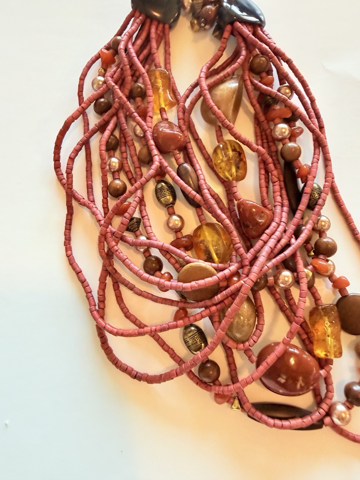 Pink Beaded Multi-Strand Statement Necklace Hook Closure Bohemian Theme