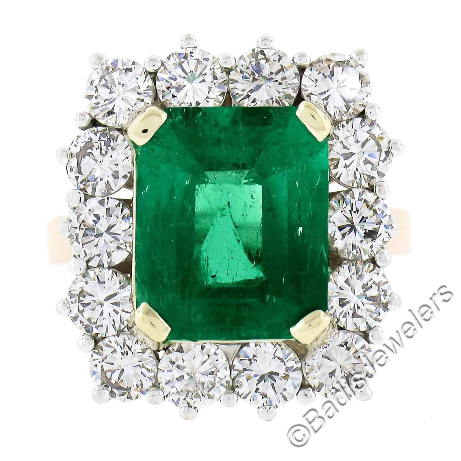 Vintage 18k Gold 7.83ctw AGL Colombian Emerald & Diamond Halo Cocktail Ring