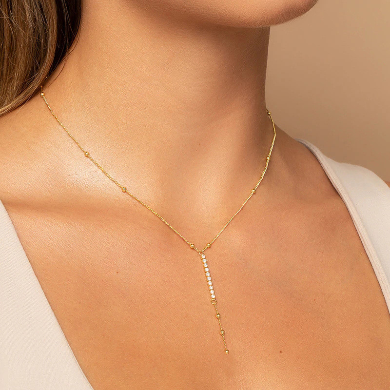 Gold Plated 925 Sterling Silver CZ Beaded Y Lariat Necklace for Women