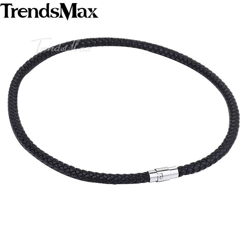 Black Man-made Leather Choker Necklace Stainless Steel Magnetic Jewelry 14-28in