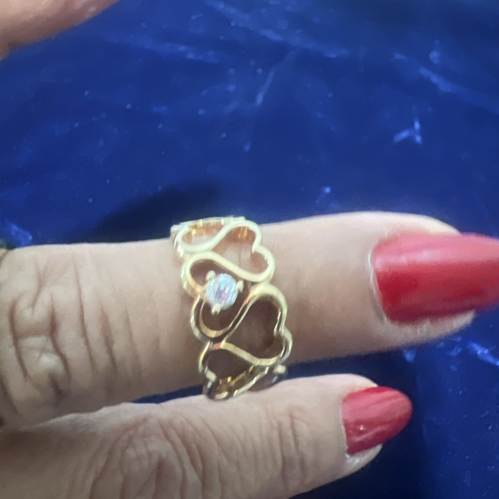 Vintage Signed Korea Size 6.5 Gold tone Crystal Linked Hearts Ring