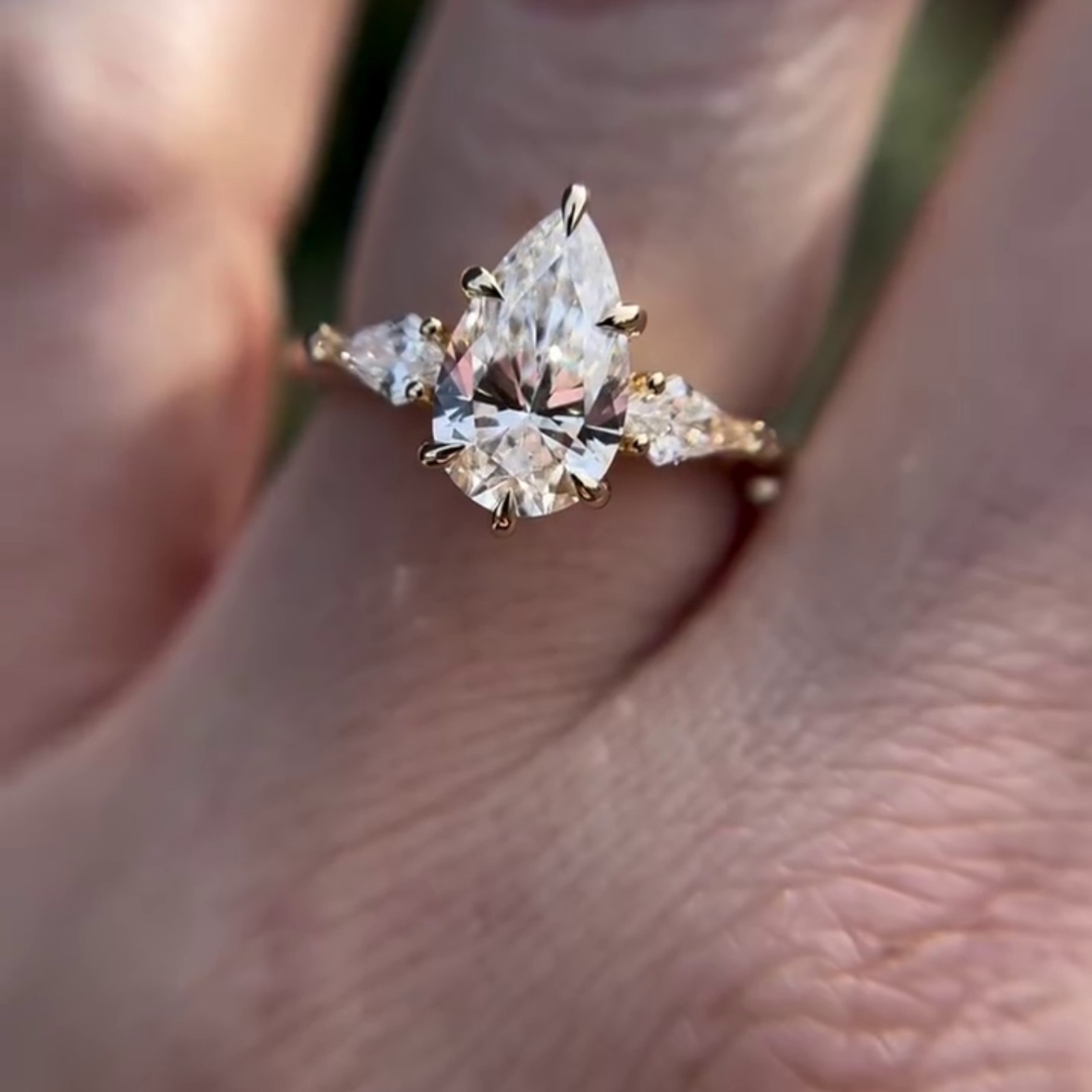 Floral 3 CT Pear Three Stone Moissanite Side Stone Kite 14K Yellow Gold Plated