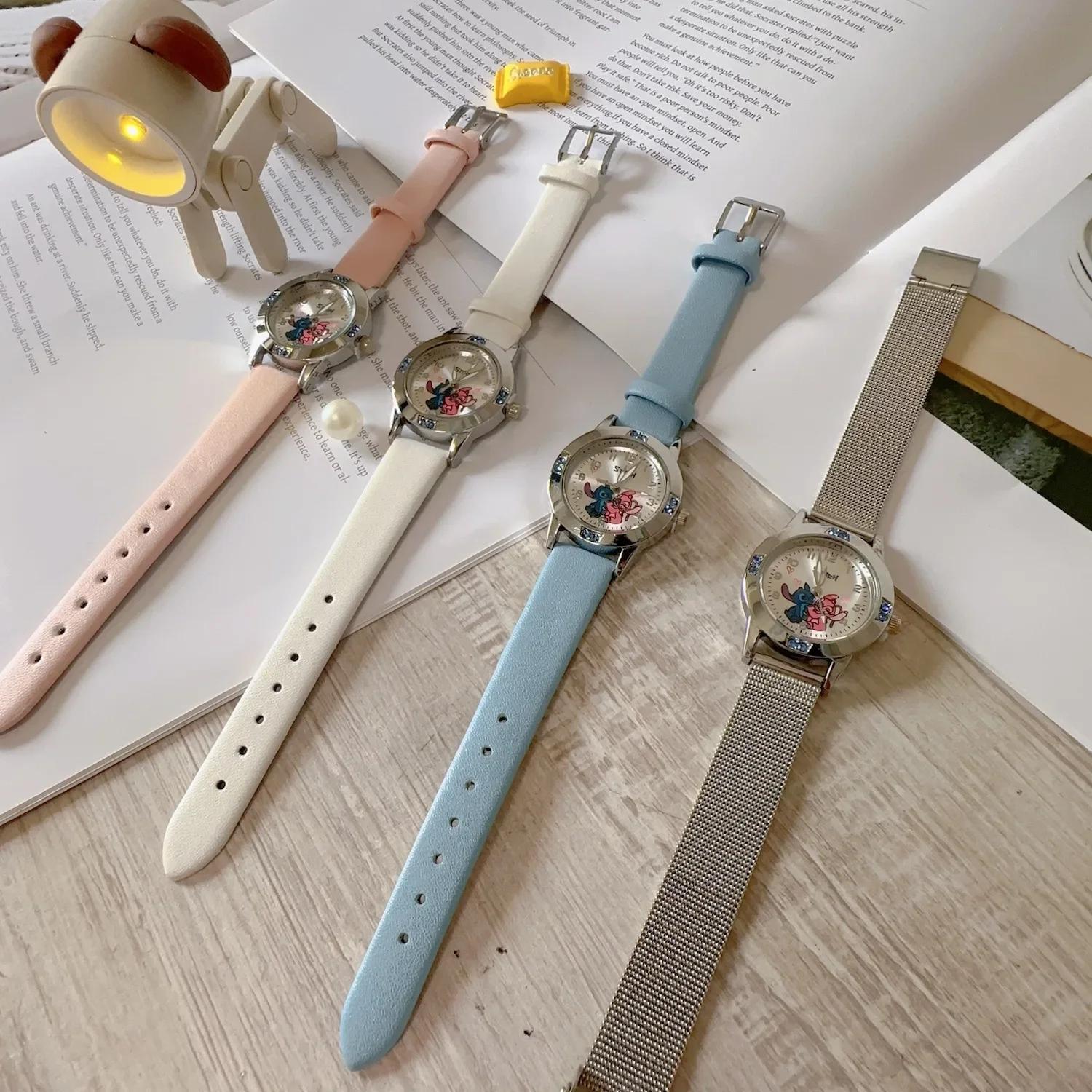 Disney Stitch Watches Diamond Quartz Watch for Women Stich Cartoon Leather Wrist