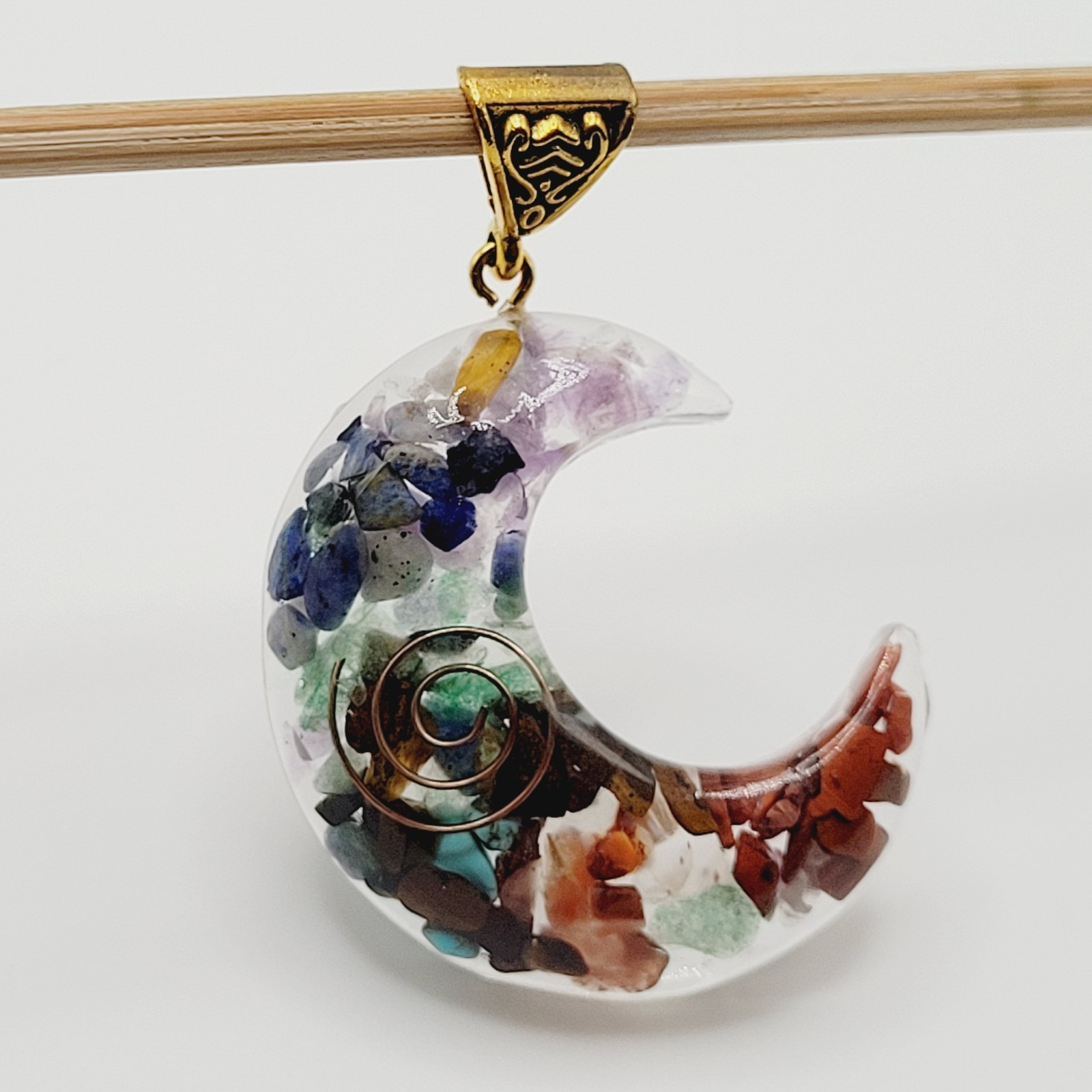 Crescent Moon Shape Orgone Chakra Crystal Chip Pendant Ornate Bail No Chain
