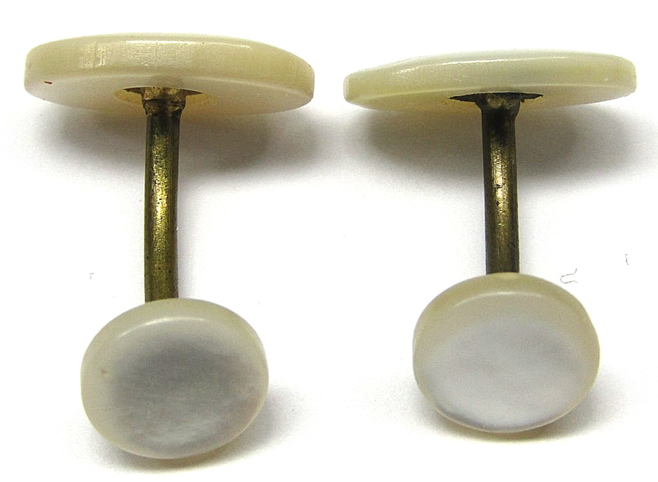 Vintage Mother of Pearl Oval Cufflinks Mid Century Fixed Link Brass Mens Wear