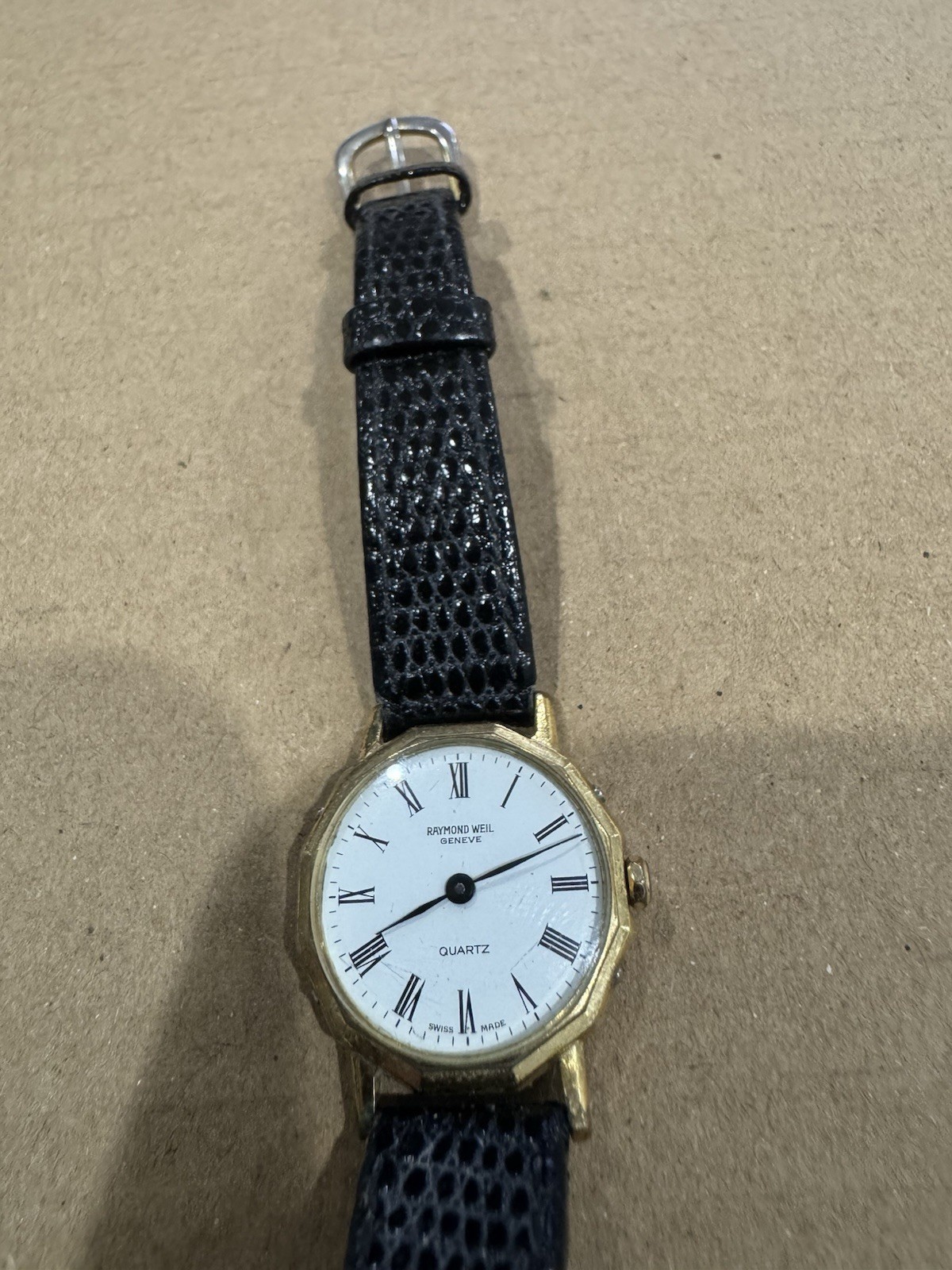 Raymond Weil Geneve Swiss Quartz White Dial Gold Case Black Leather Band 25mm