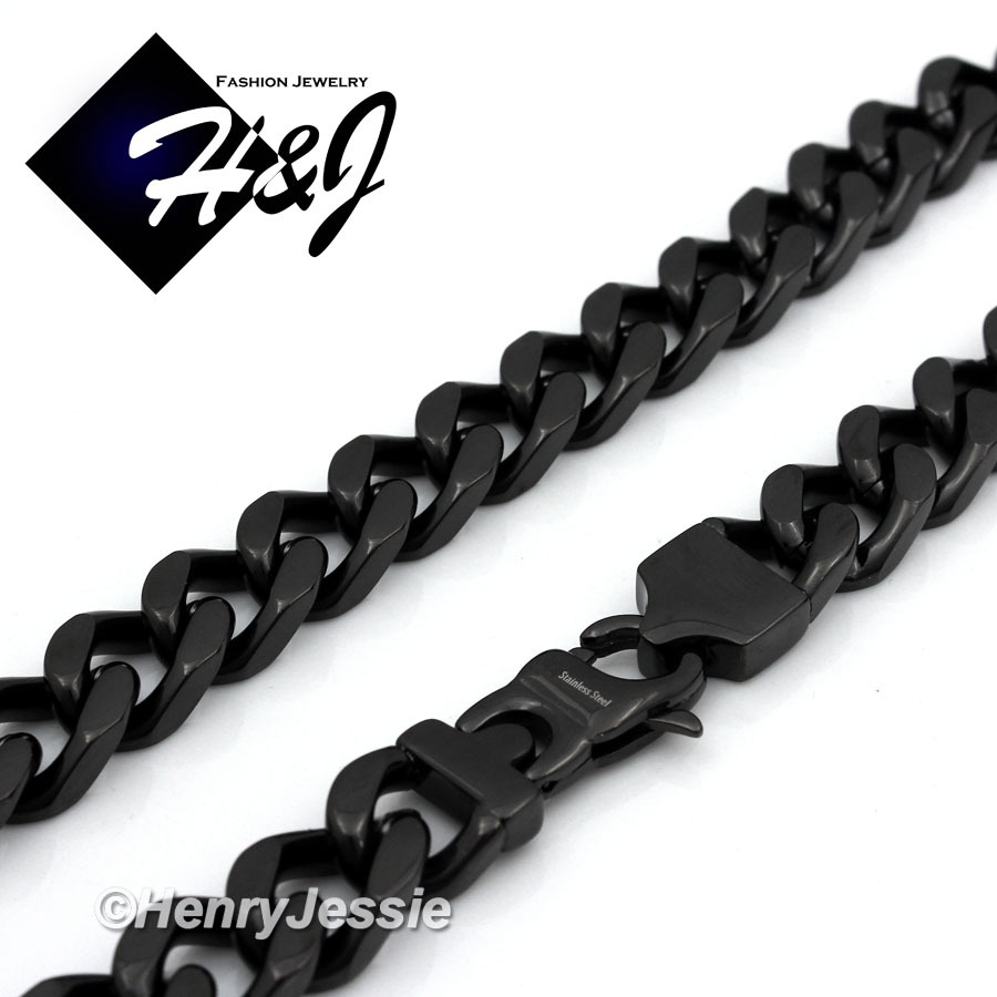 24″MEN’s Stainless Steel HEAVY 11mm Black Plated Cuban Curb Link Chain Necklace