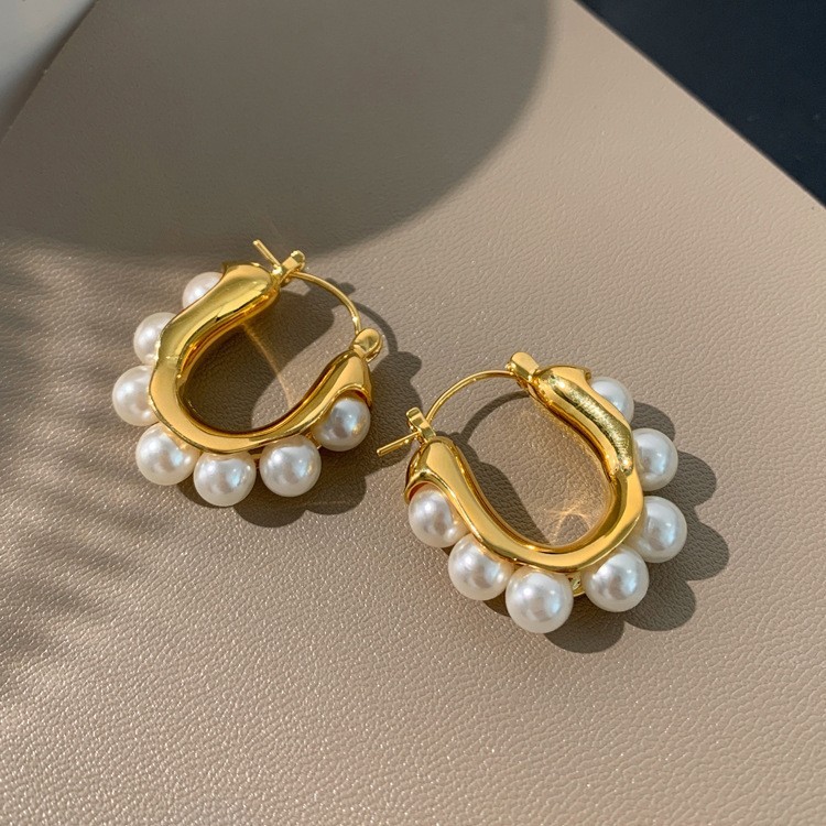 Fashion Woman 14K Gold Plated Pearl Earring Clip Hoop Huggie Ear Drop Dangle