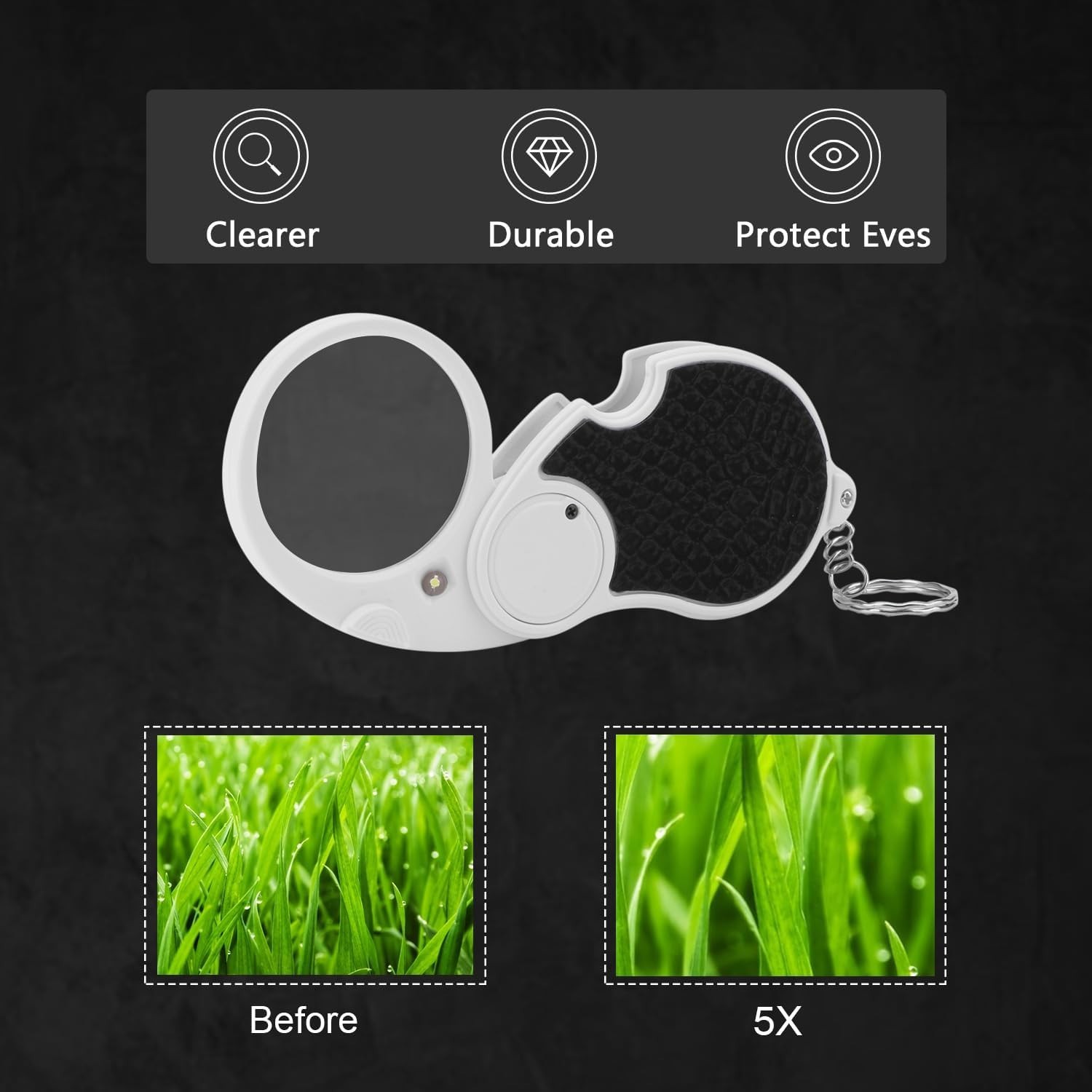 Mini Pocket Magnifier with Light‌ 5X Keychain Jewelers Loupe Anti-Slip Handhe…