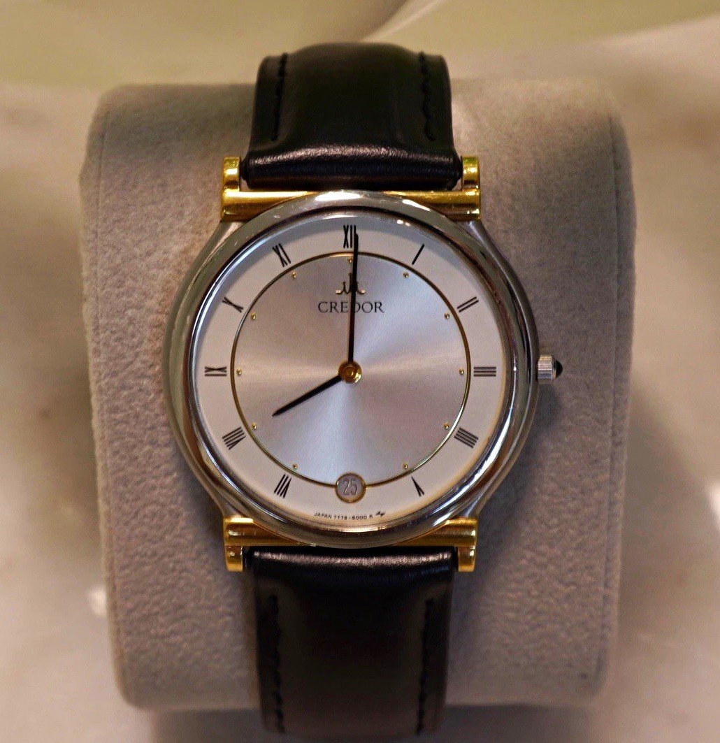 [N MINT w/Paper] Seiko Credor 7779-6000 32mm 18K Silver Dial Date Qz Men’s Watch