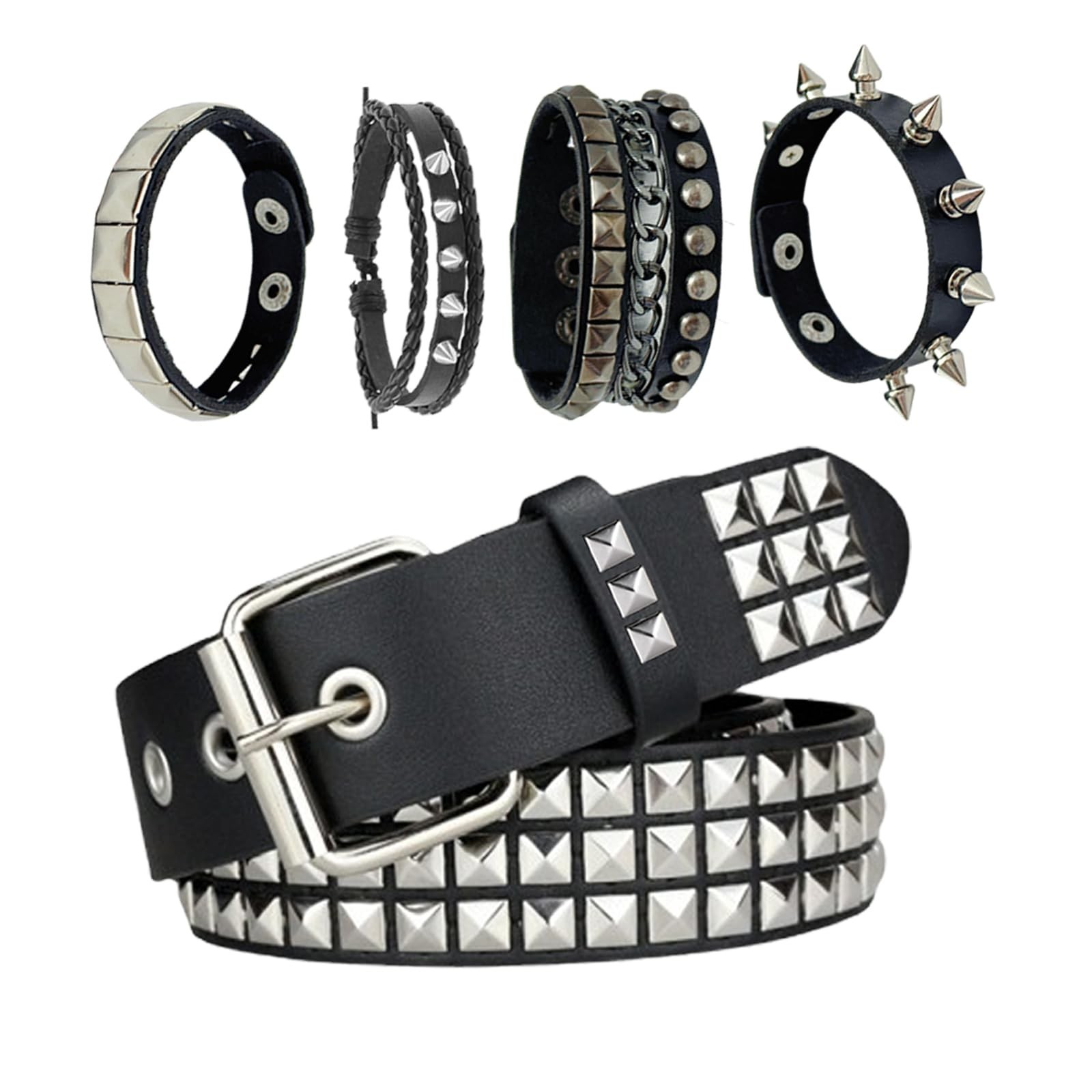 Black Studded Belt wit 4 Punk Spike Bracelets Goth Rock PU Leather Accessory Set