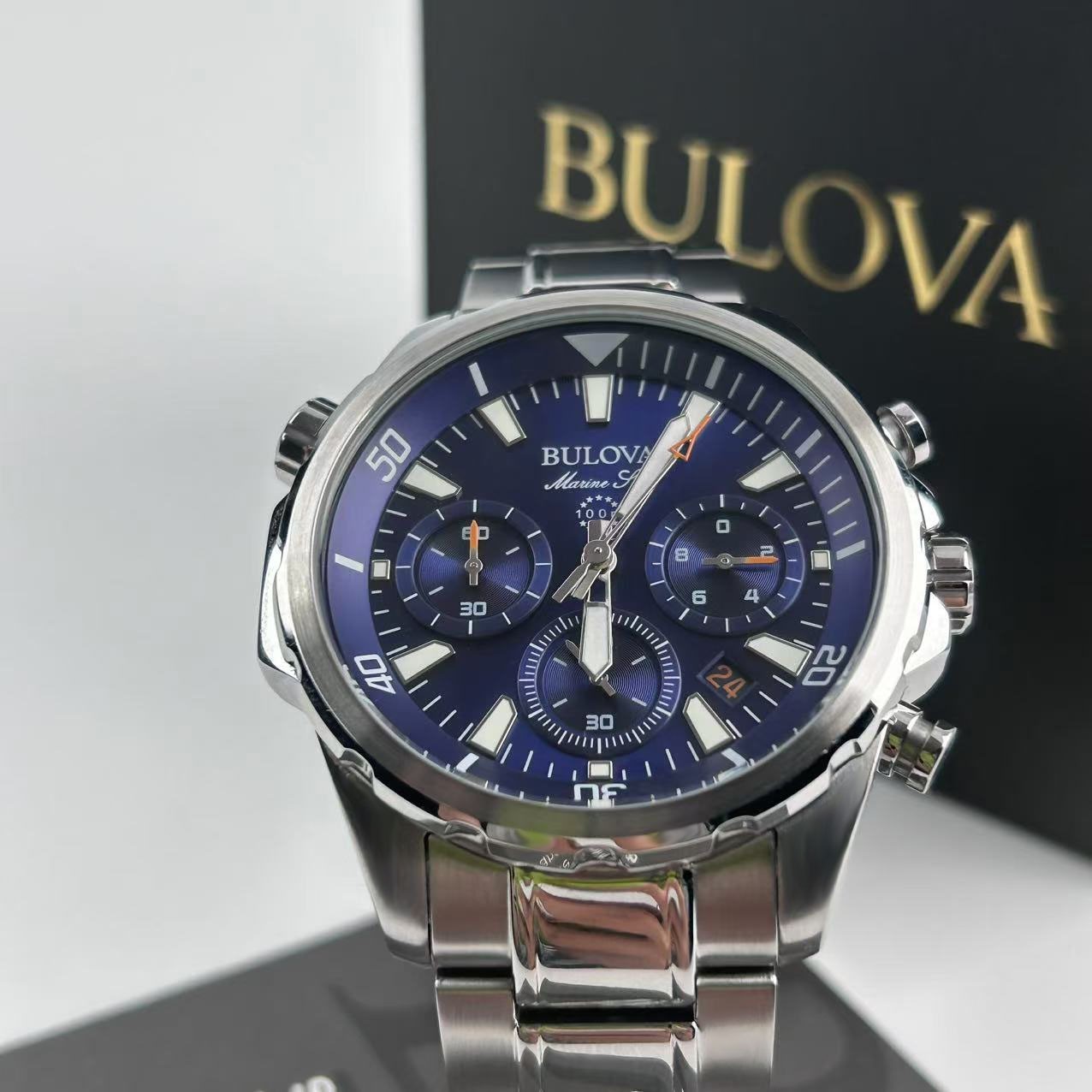 New Bulova Marine Star 96B256 Blue Dial Men’s Chronograph Quartz Watch 43mm